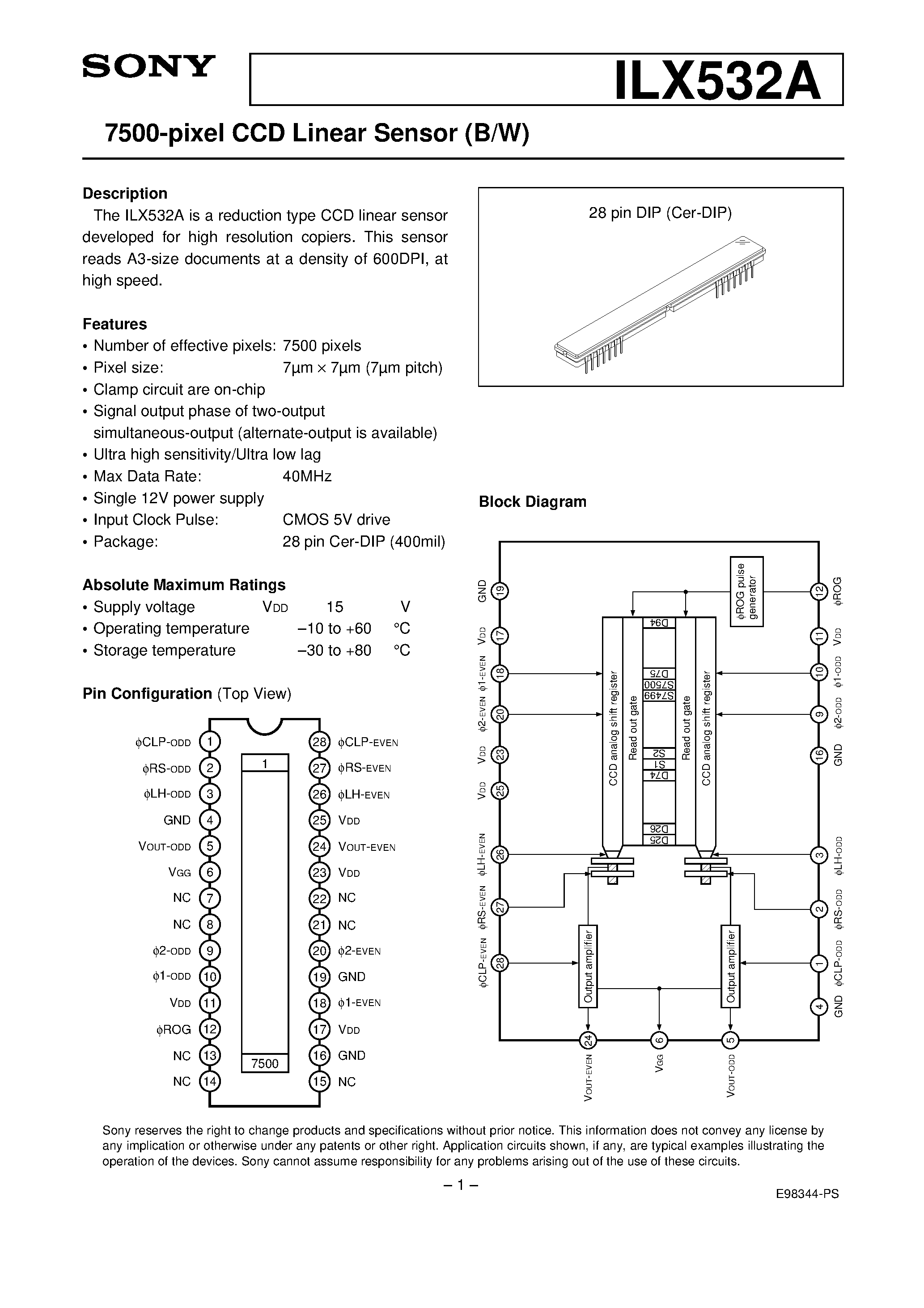 Datasheet ILX532A - 7500-pixel CCD Linear Sensor (B/W) page 1