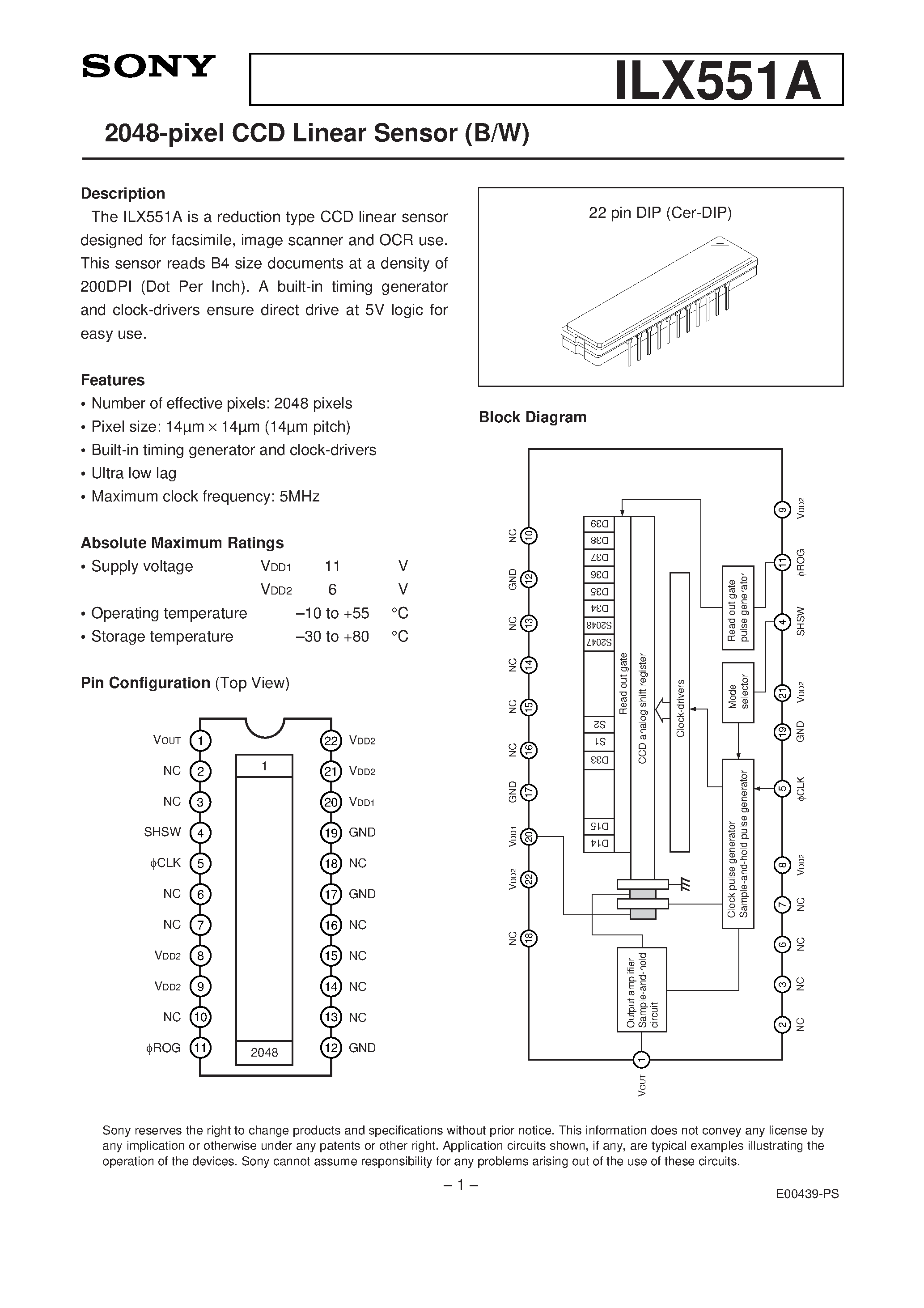 Datasheet ILX551A - 2048-pixel CCD Linear Sensor (B/W) page 1