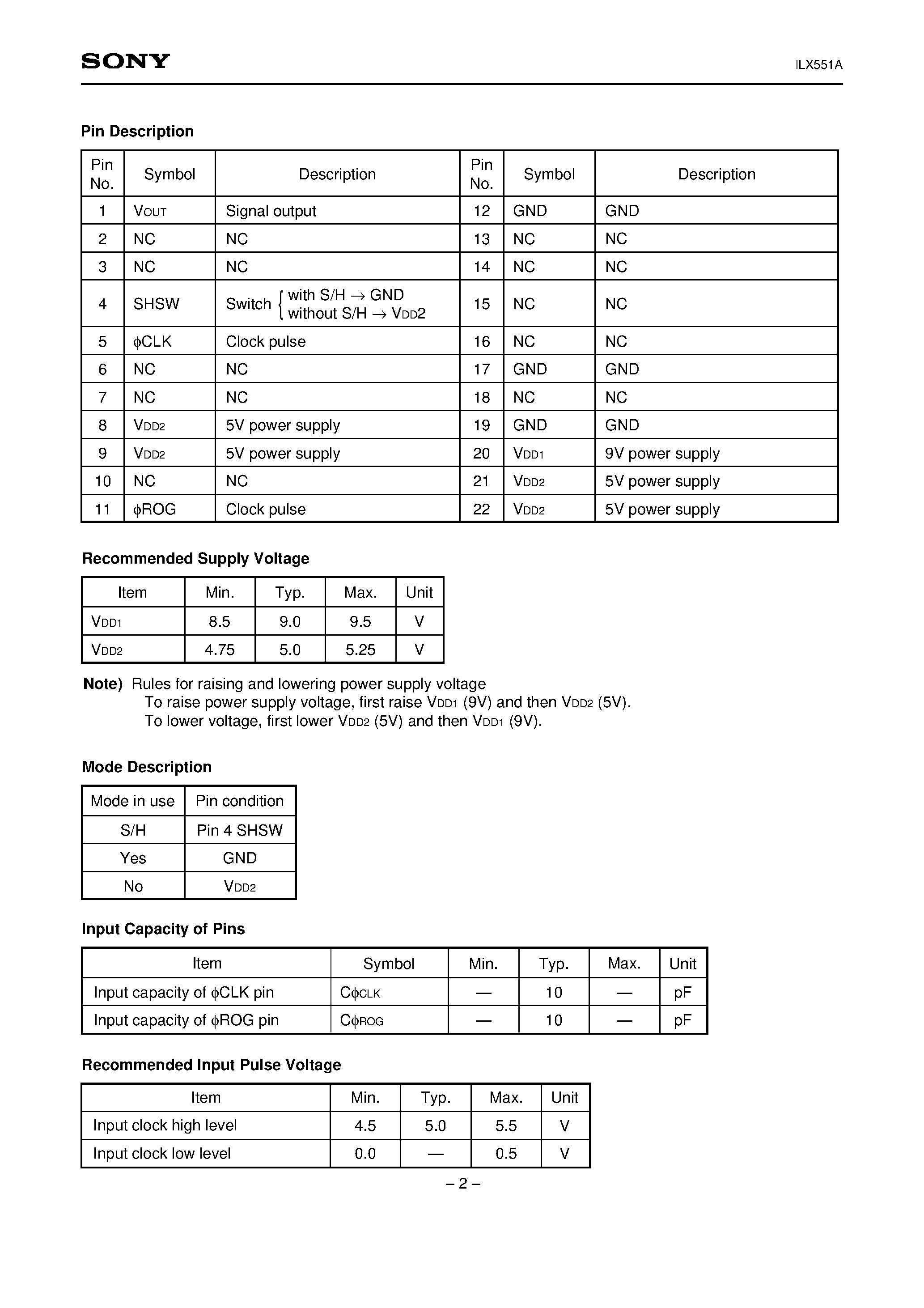 Datasheet ILX551A - 2048-pixel CCD Linear Sensor (B/W) page 2