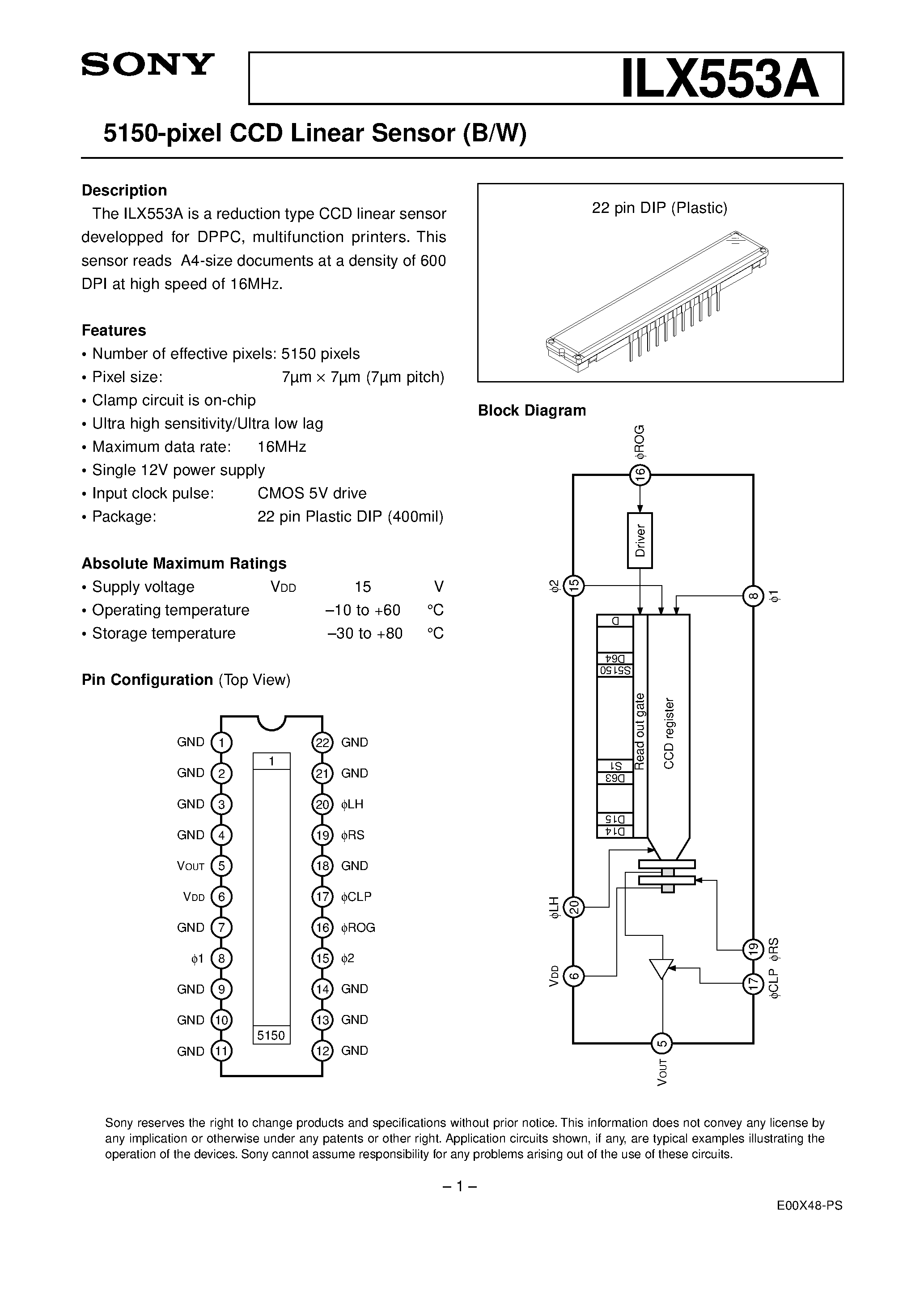 Datasheet ILX553A - 5150-pixel CCD Linear Sensor (B/W) page 1