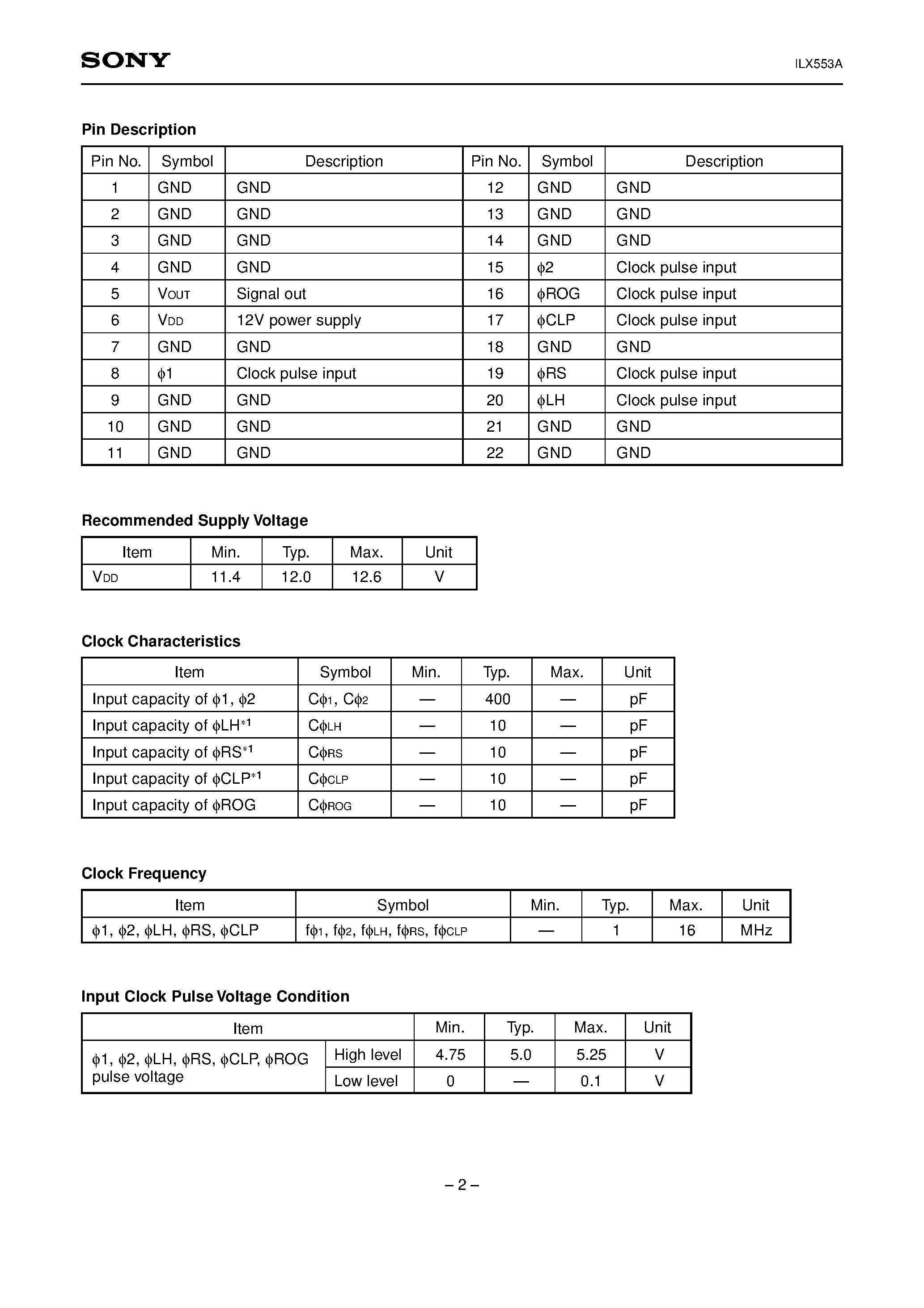 Datasheet ILX553A - 5150-pixel CCD Linear Sensor (B/W) page 2