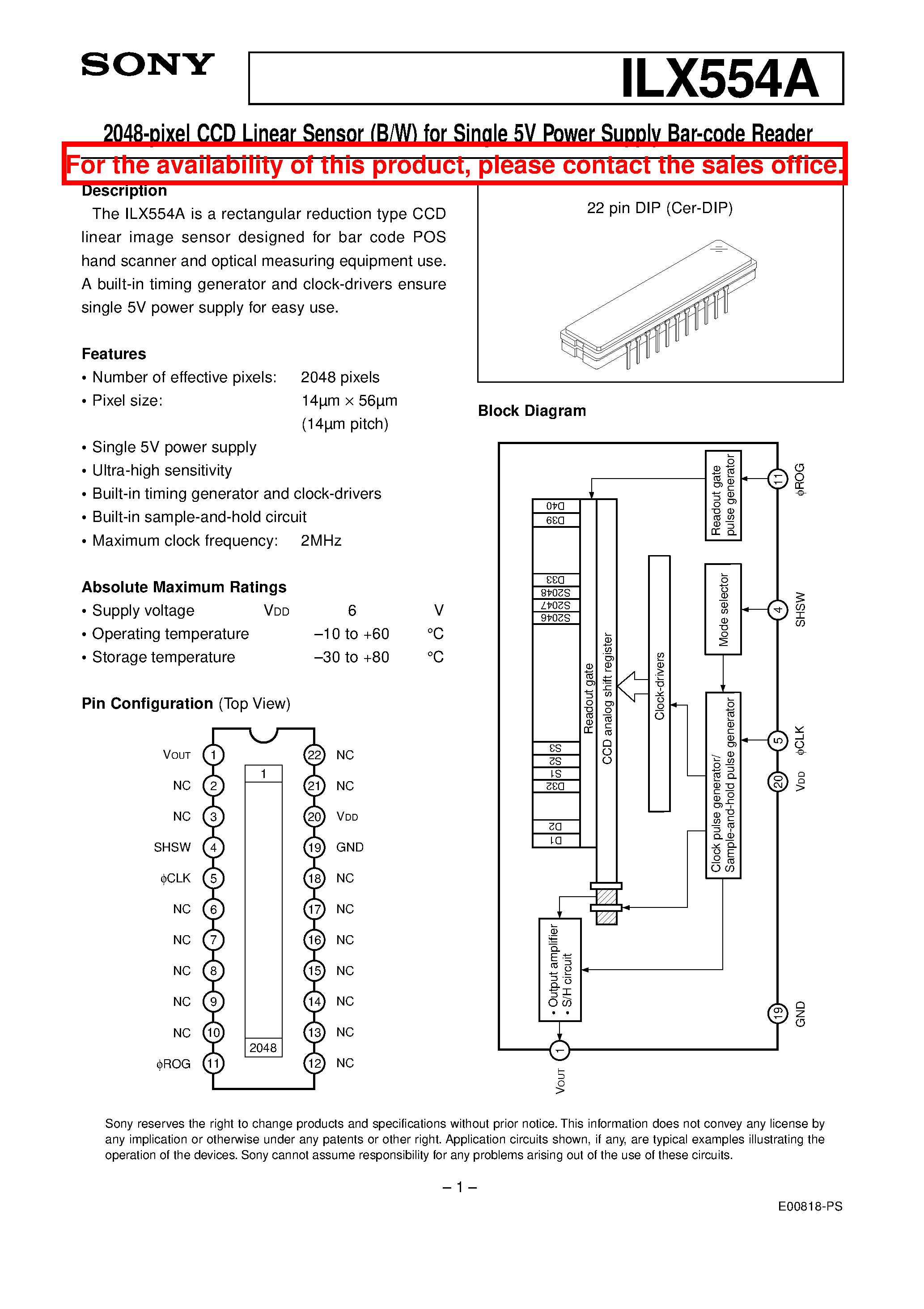 Datasheet ILX554 - 2048-pixel CCD Linear Sensor (B/W) for Single 5V Power Supply Bar-code Reader page 1