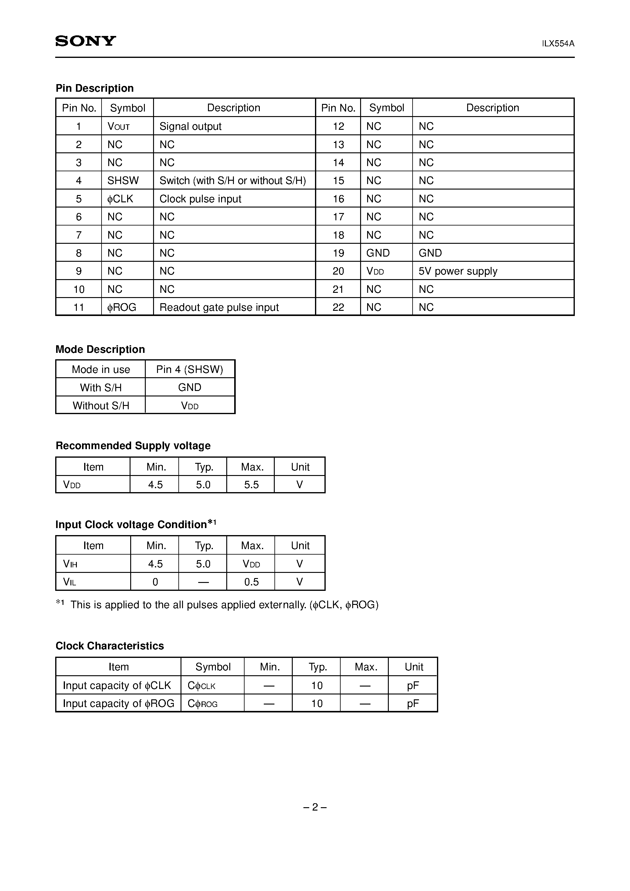 Datasheet ILX554 - 2048-pixel CCD Linear Sensor (B/W) for Single 5V Power Supply Bar-code Reader page 2