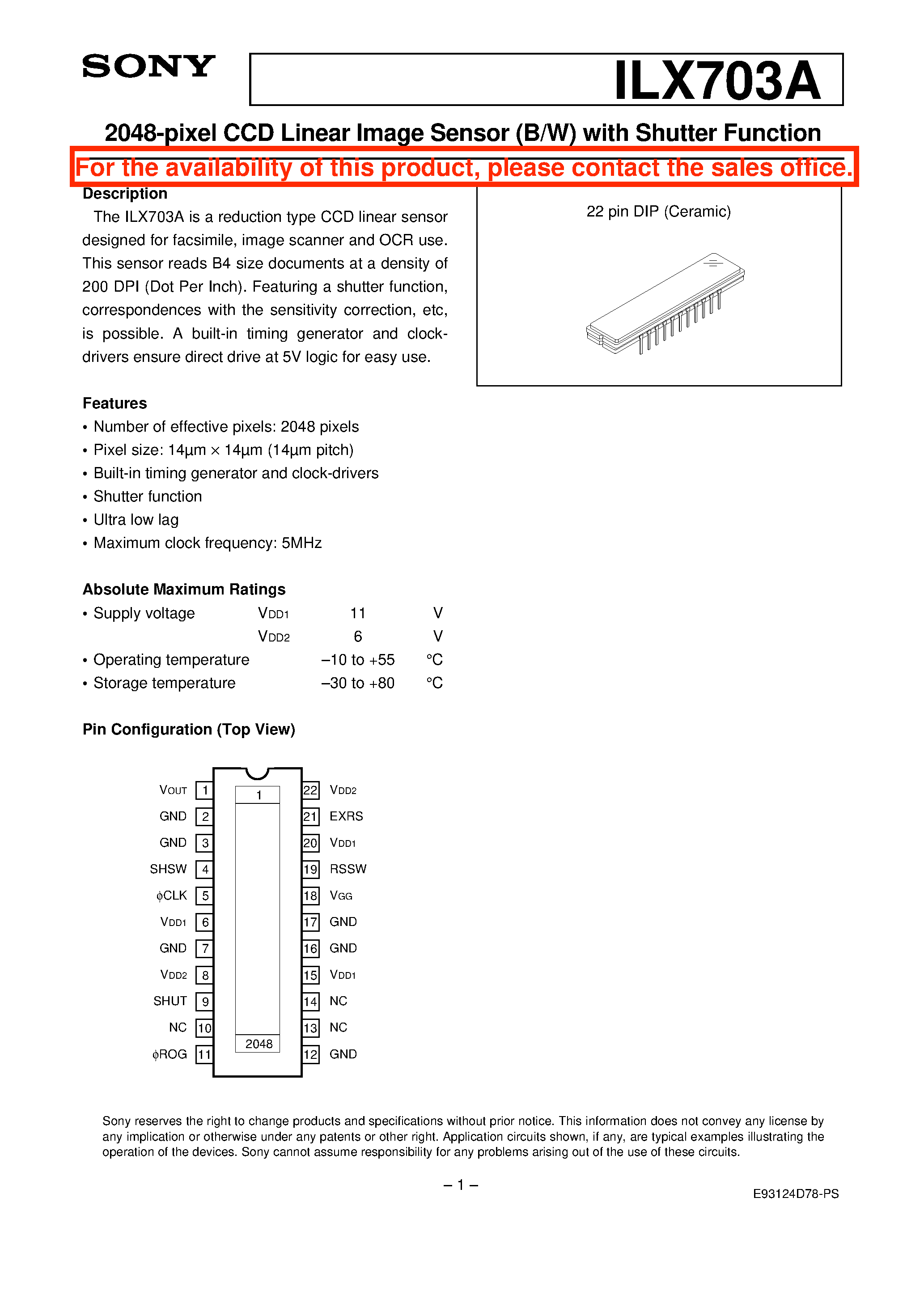 Datasheet ILX703A - 2048-pixel CCD Linear Image Sensor (B/W) with Shutter Function page 1