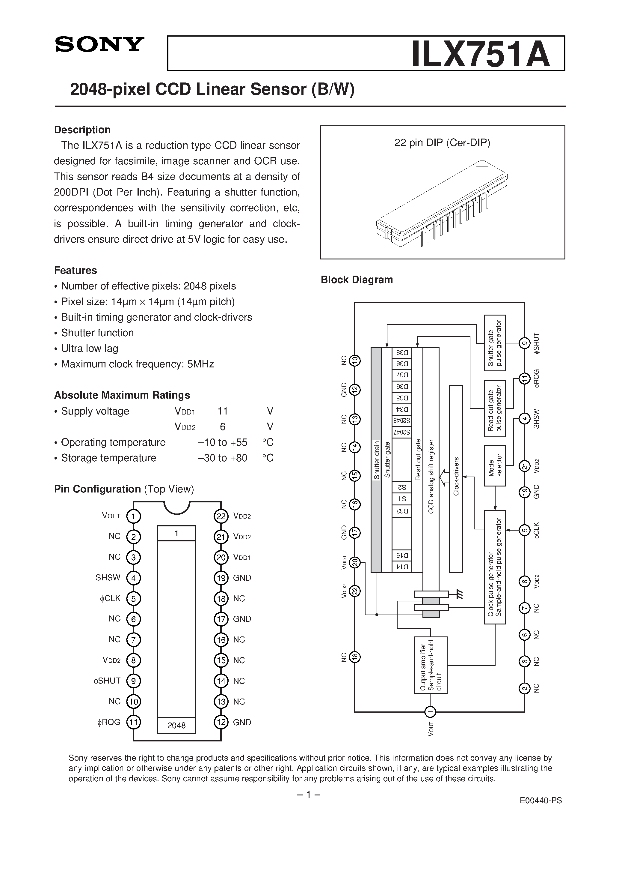 Datasheet ILX751 - 2048-pixel CCD Linear Sensor (B/W) page 1