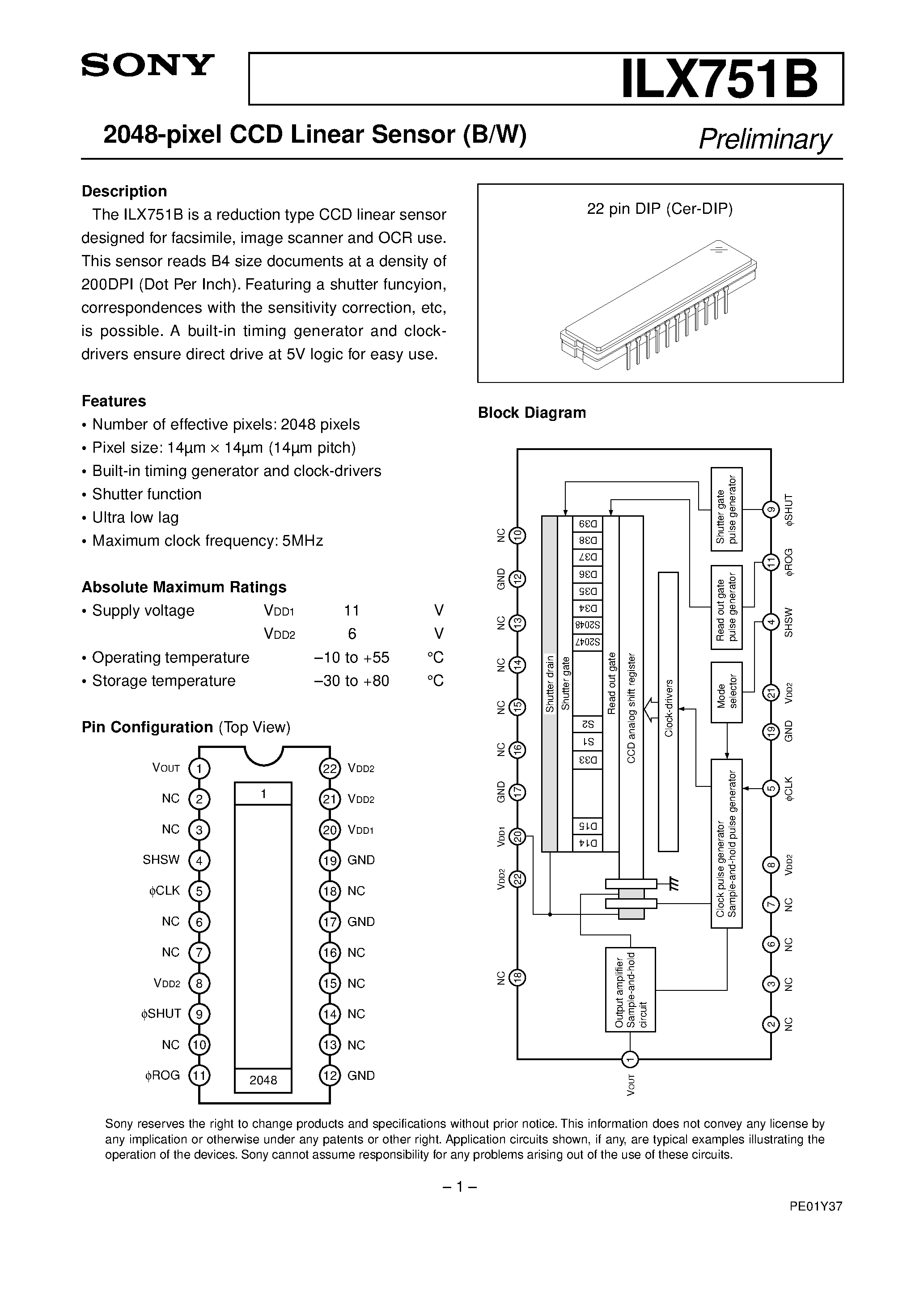 Datasheet ILX751B - 2048-pixel CCD Linear Sensor (B/W) page 1