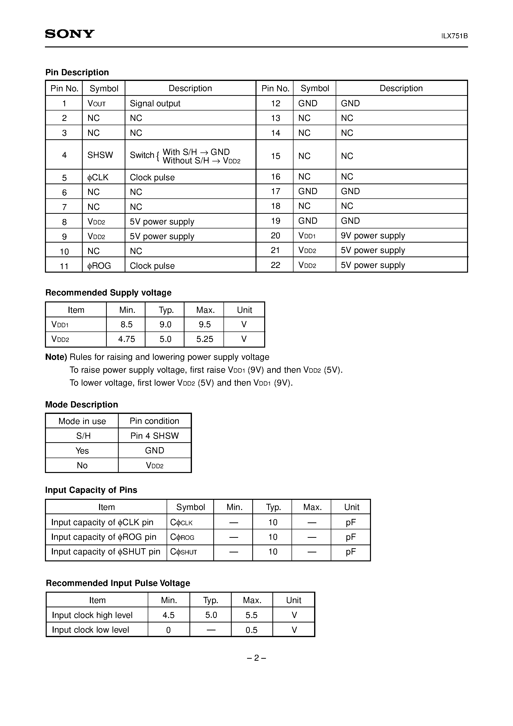 Datasheet ILX751B - 2048-pixel CCD Linear Sensor (B/W) page 2