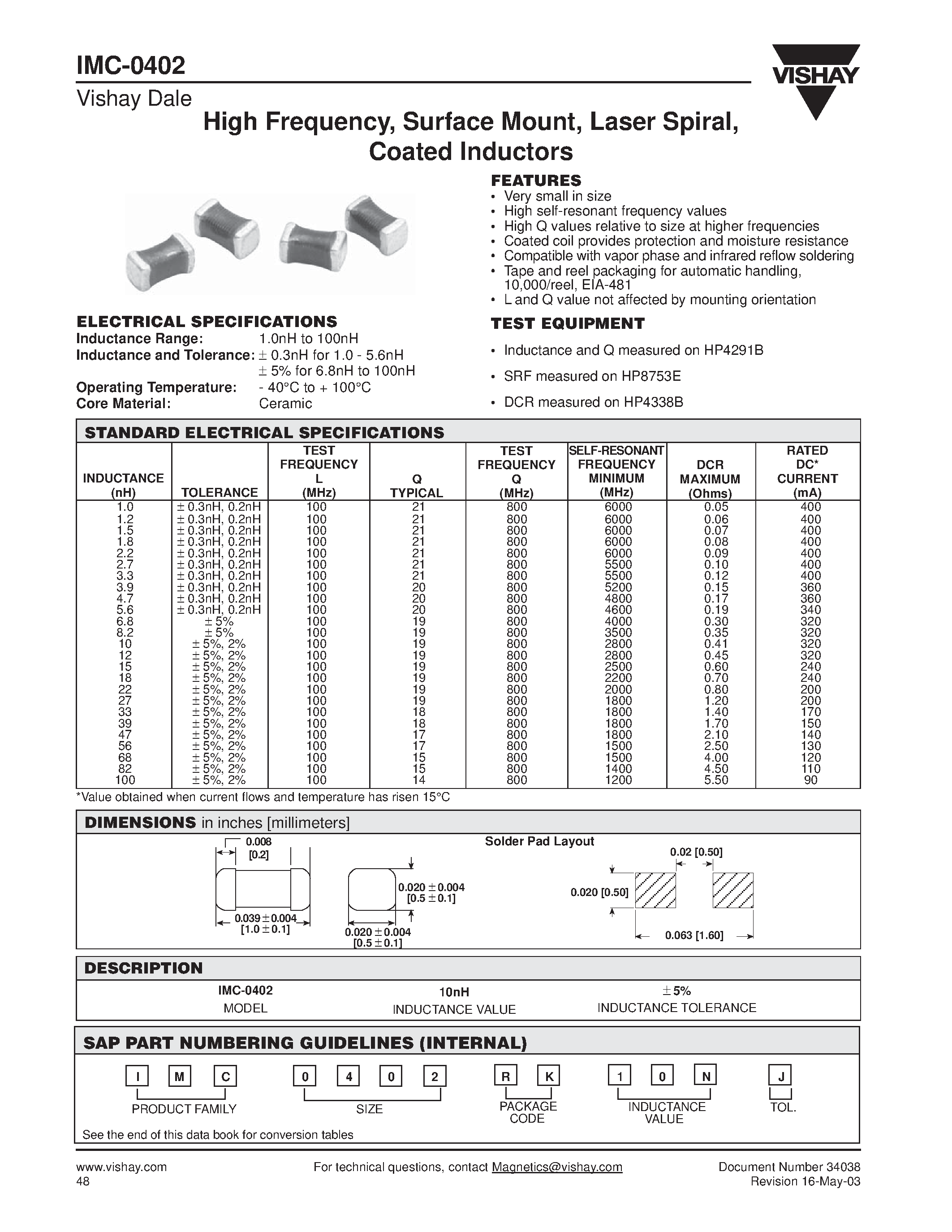 Даташит IMC-0402 - High Frequency/ Surface Mount/ Laser Spiral/ Coated Inductors страница 1