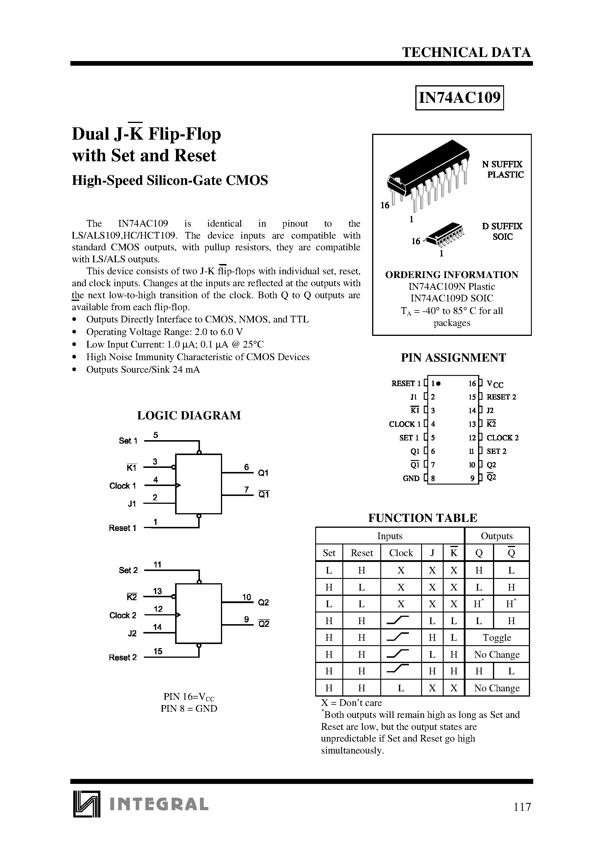 Даташит IN74AC109 - Dual J-K Flip-Flop with Set and Reset High-Speed Silicon-Gate CMOS страница 1