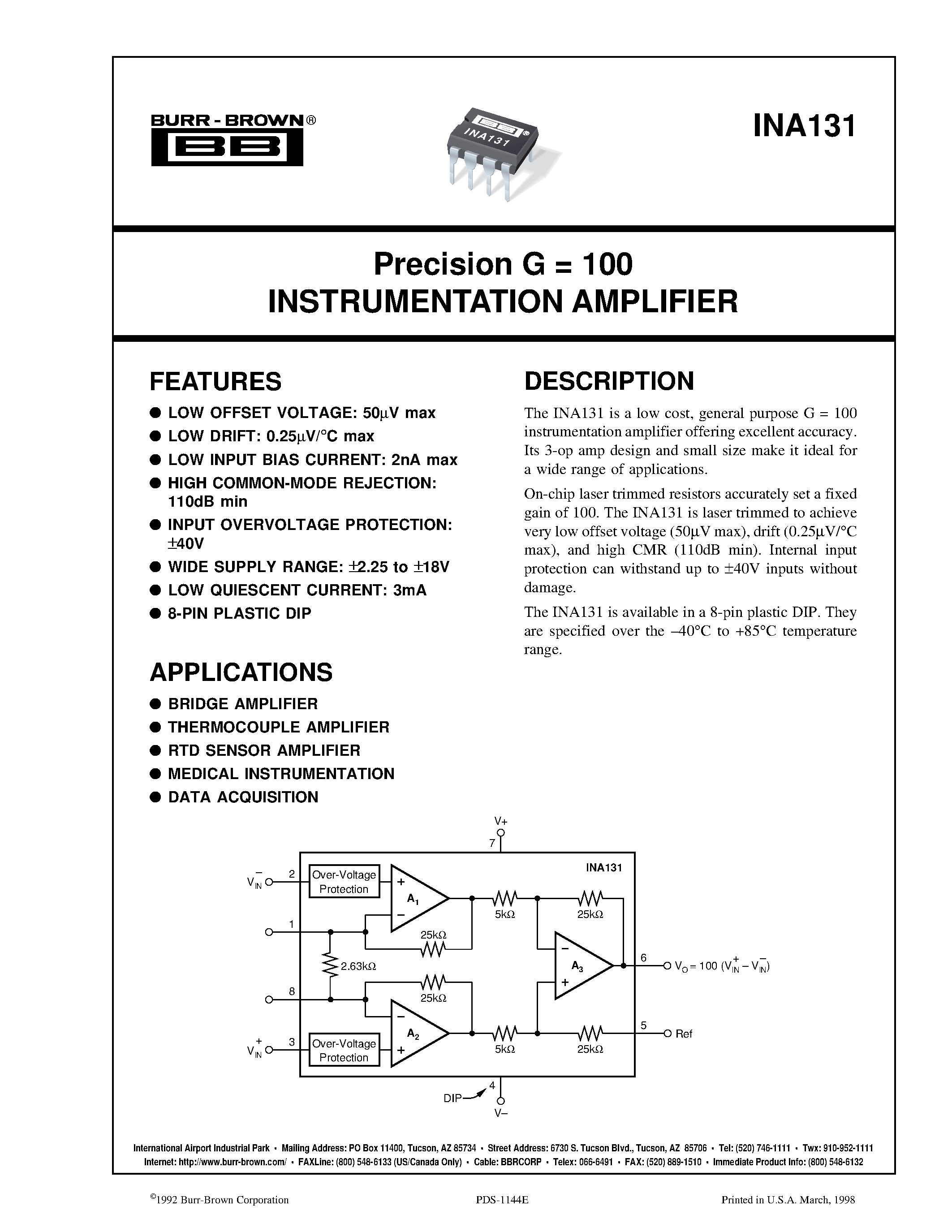 Datasheet INA131 - Precision G = 100 INSTRUMENTATION AMPLIFIER page 1