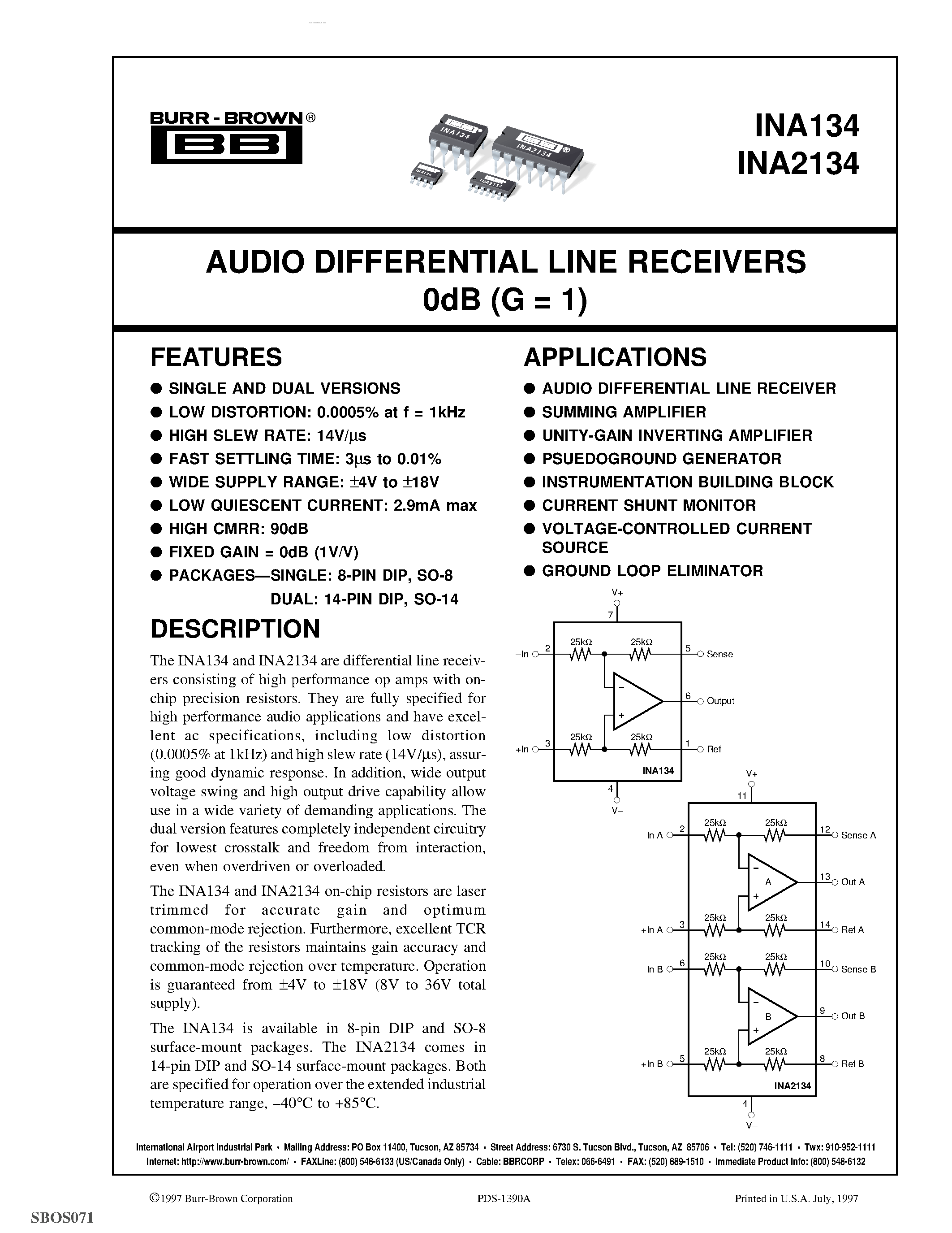 Datasheet INA134UA - AUDIO DIFFERENTIAL LINE RECEIVERS 0dB G = 1 page 1