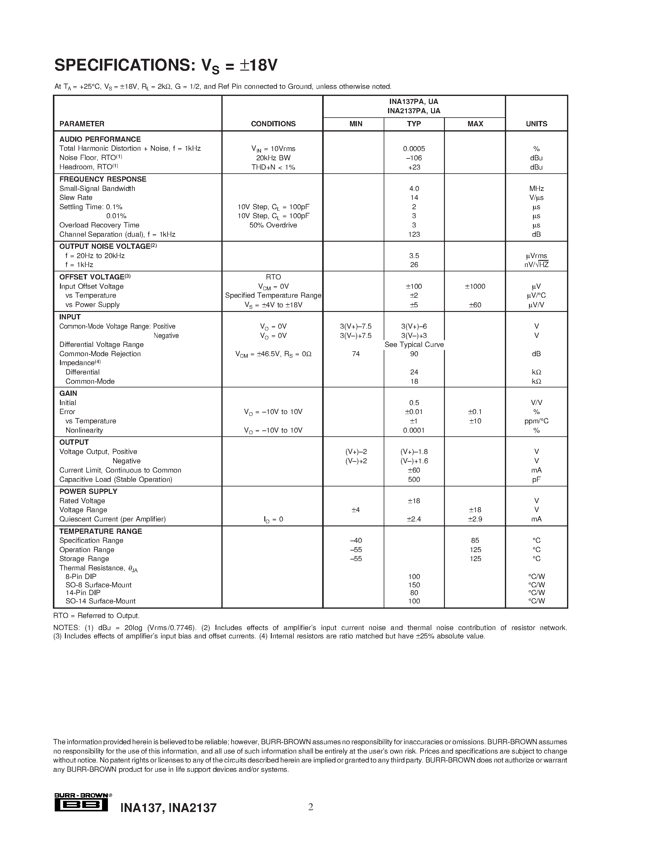 Datasheet INA137PA - AUDIO DIFFERENTIAL LINE RECEIVERS 6dB G = 1/2 or 2 page 2