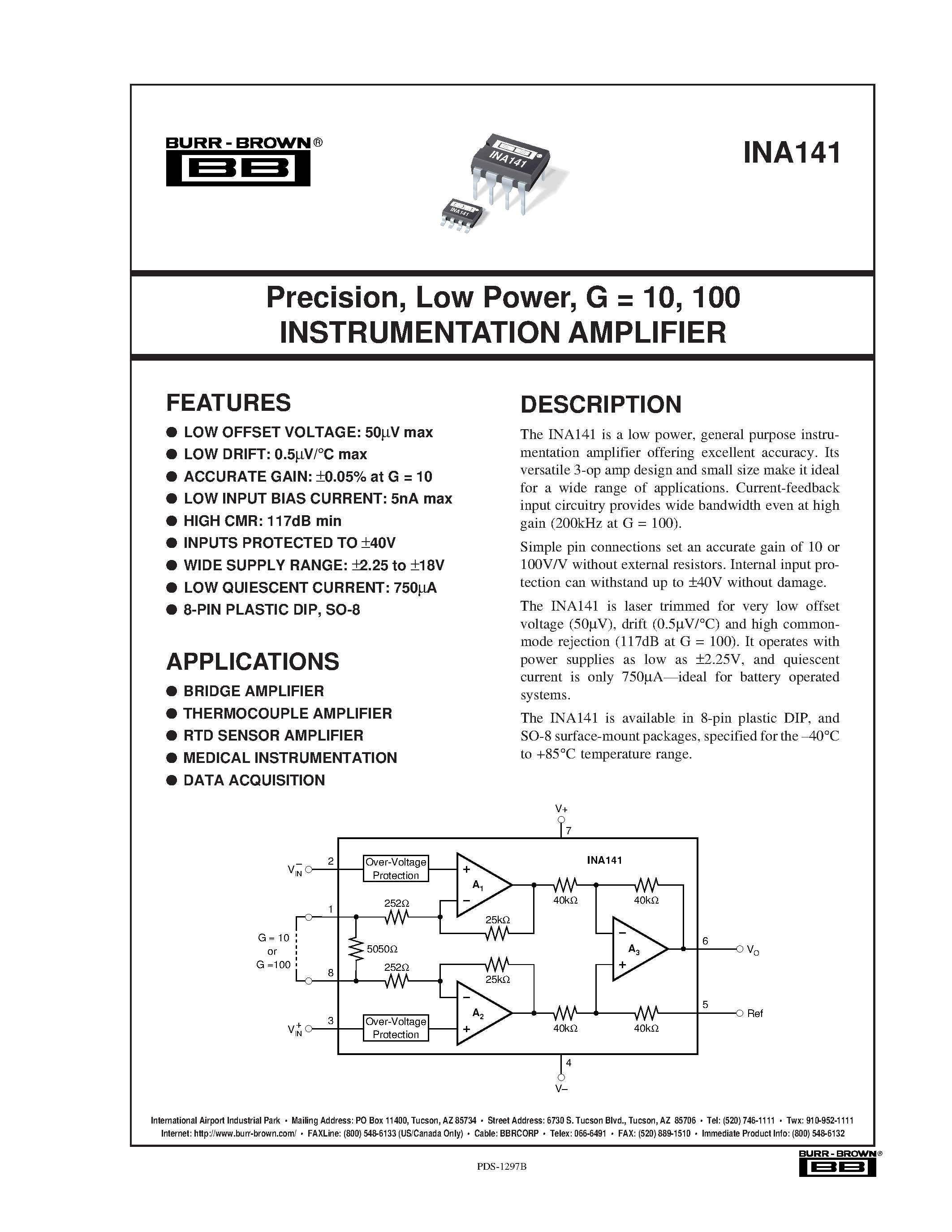 Datasheet INA141 - Precision/ Low Power/ G = 10/ 100 INSTRUMENTATION AMPLIFIER page 1