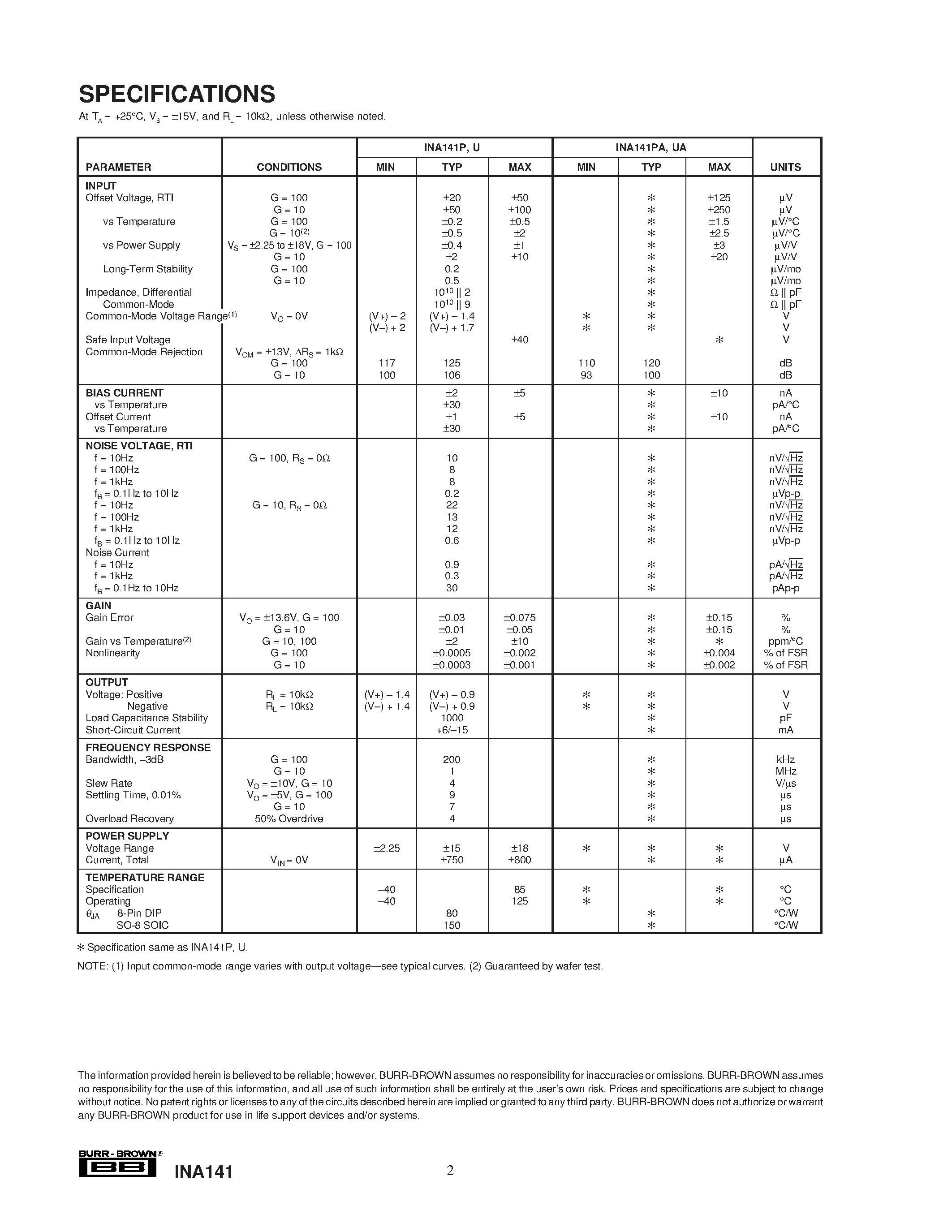 Datasheet INA141 - Precision/ Low Power/ G = 10/ 100 INSTRUMENTATION AMPLIFIER page 2