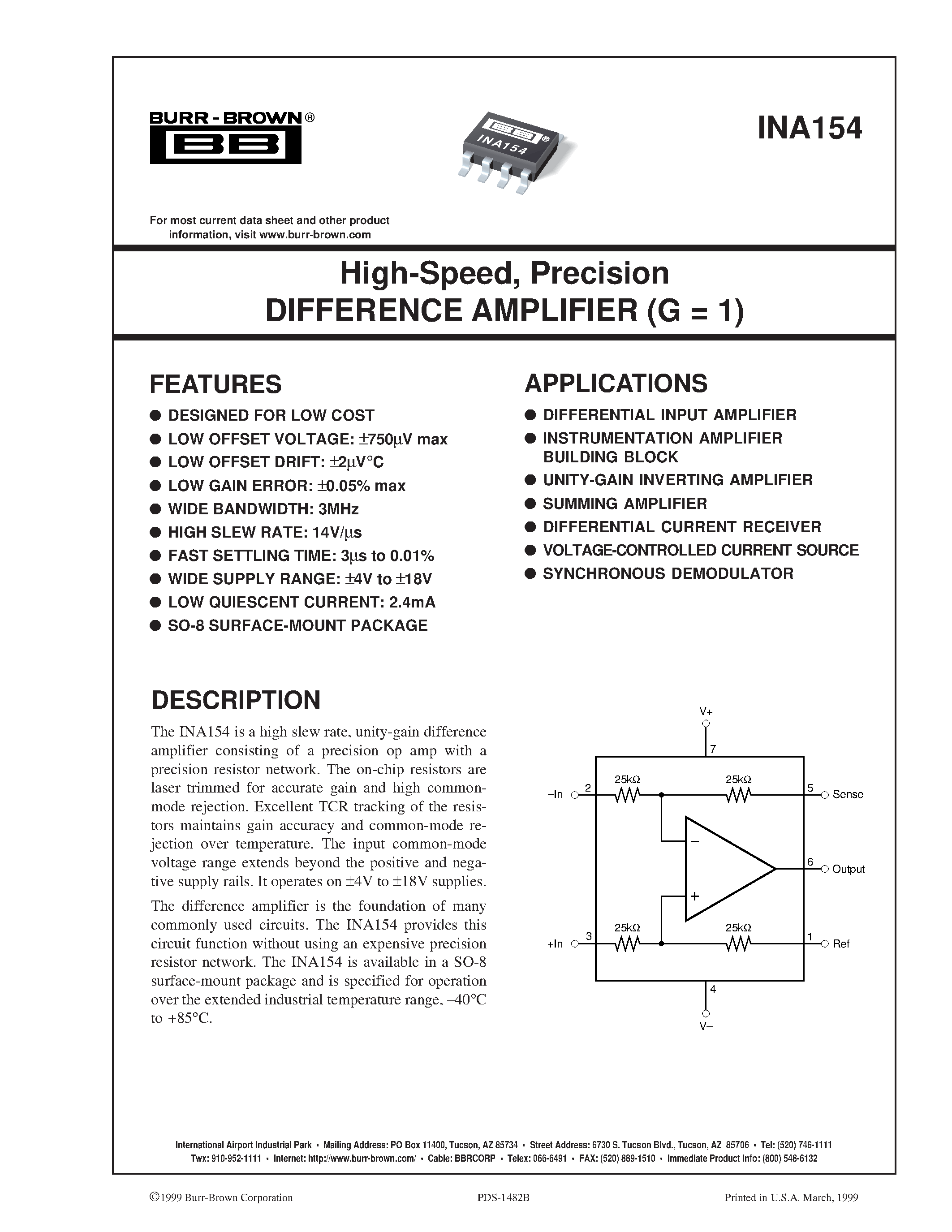 Даташит INA154UA - High-Speed/ Precision DIFFERENCE AMPLIFIER G = 1 страница 1