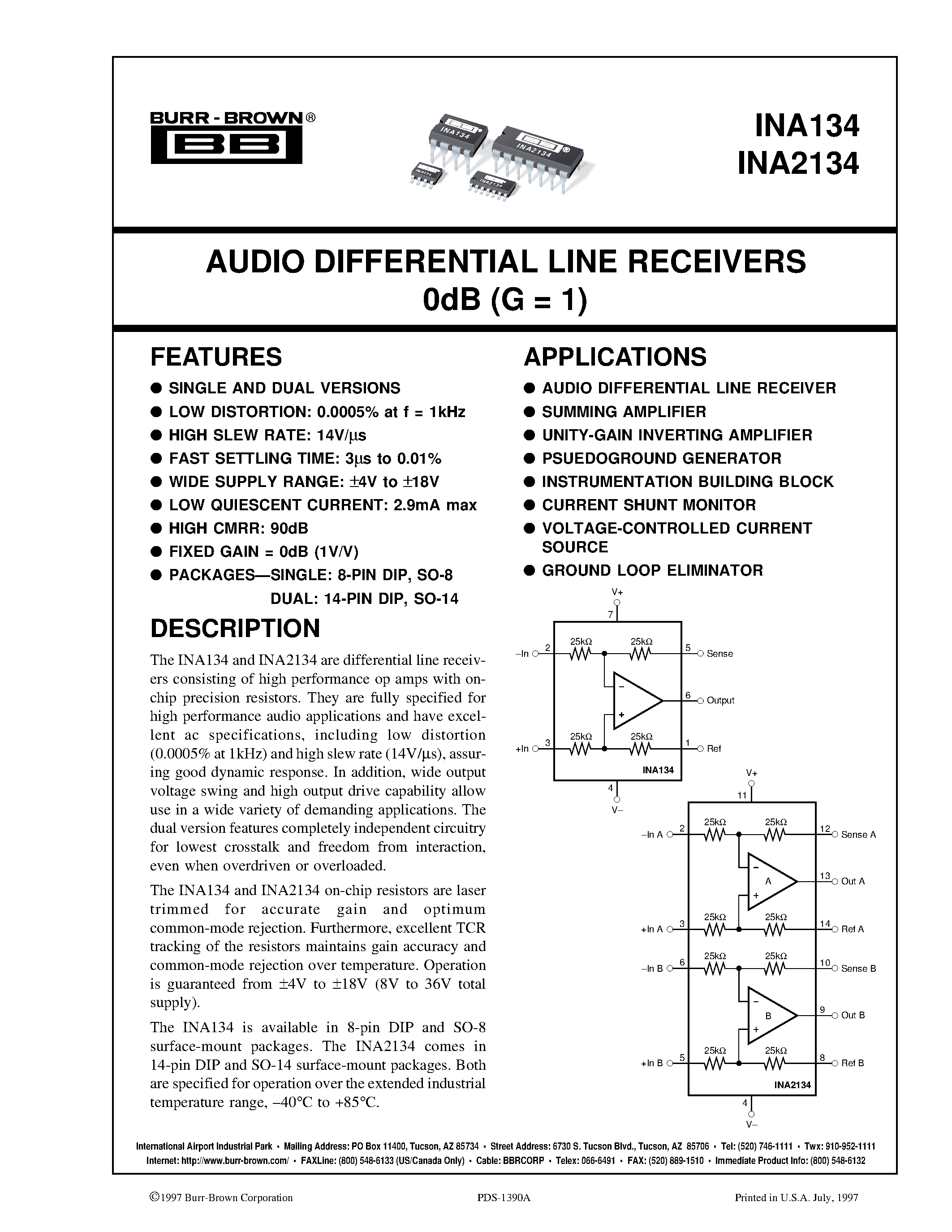 Даташит INA2134PA - AUDIO DIFFERENTIAL LINE RECEIVERS 0dB G = 1 страница 1