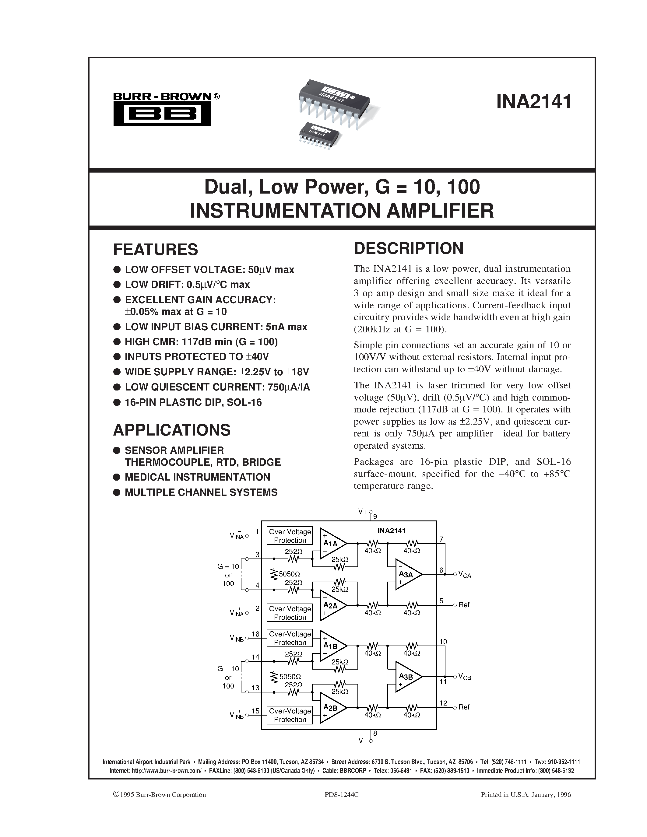 Даташит INA2141 - Dual/ Low Power/ G = 10/ 100 INSTRUMENTATION AMPLIFIER страница 1