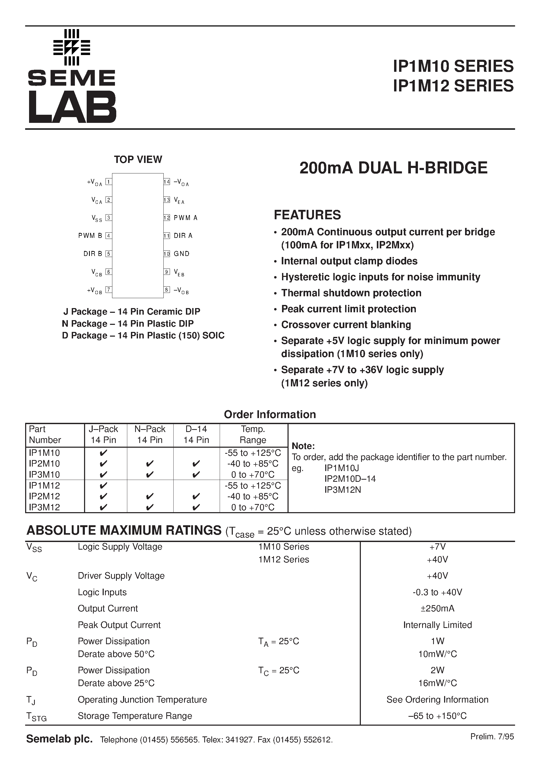 Даташит IP2M10 - 200mA DUAL H-BRIDGE страница 1