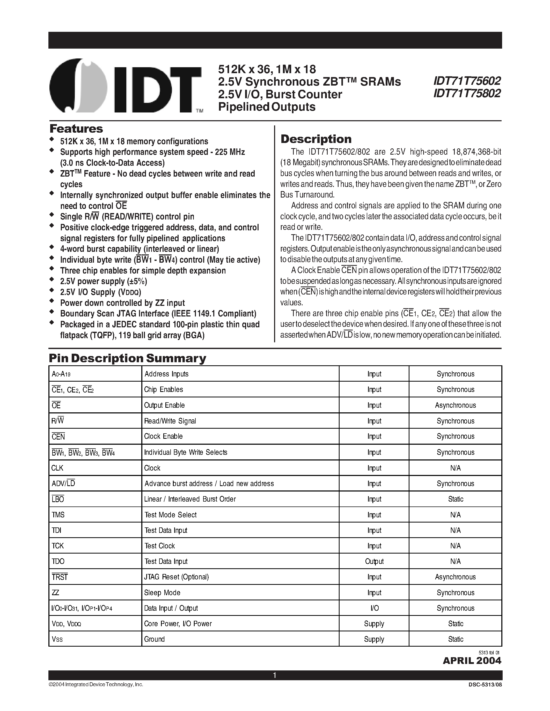 Datasheet IDT71T75602 - 512K x 36/ 1M x 18 2.5V Synchronous ZBT SRAMs 2.5V I/O/ Burst Counter Pipelined Outputs page 1