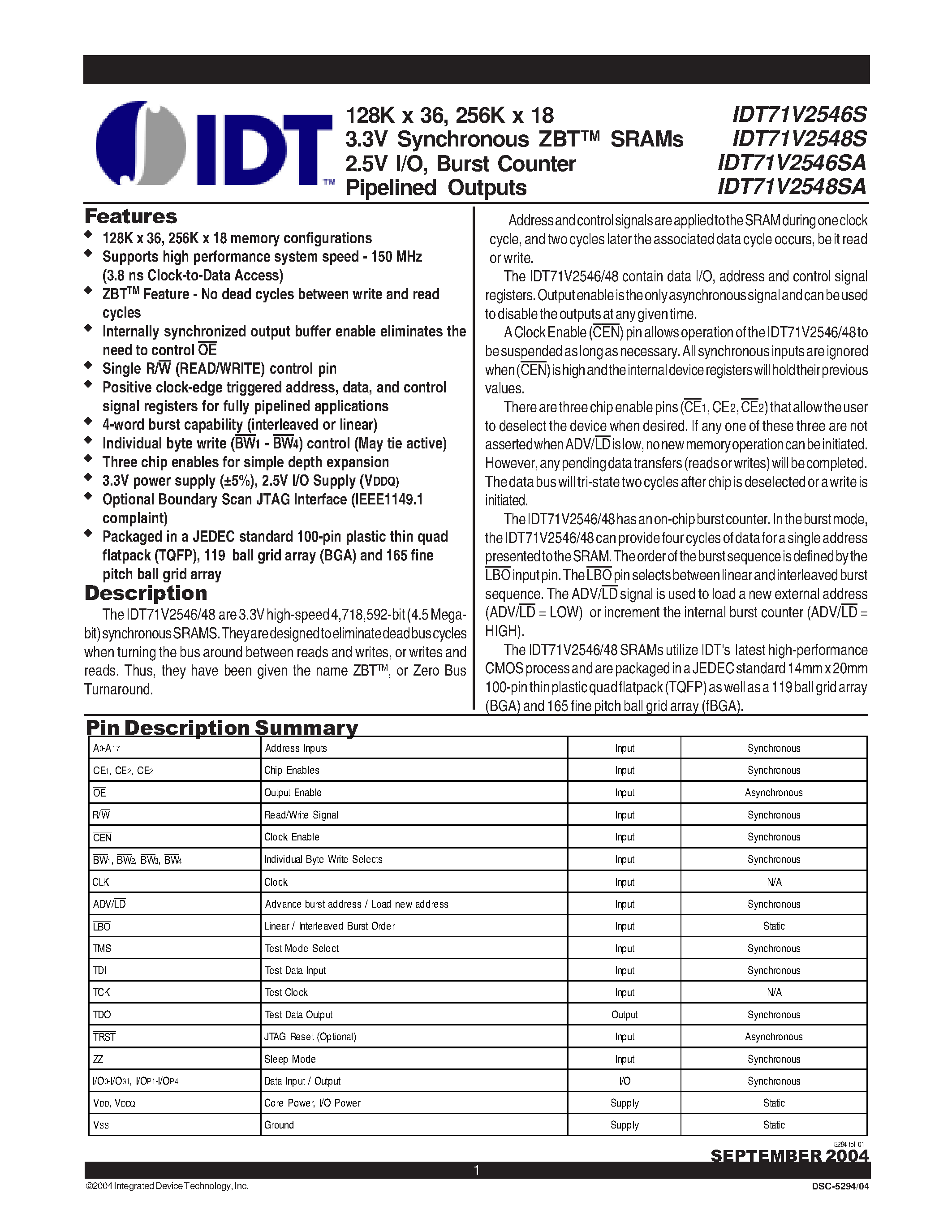 Datasheet IDT71V2546S100BGI - 128K x 36/ 256K x 18 3.3V Synchronous ZBT SRAMs 2.5V I/O/ Burst Counter Pipelined Outputs page 1