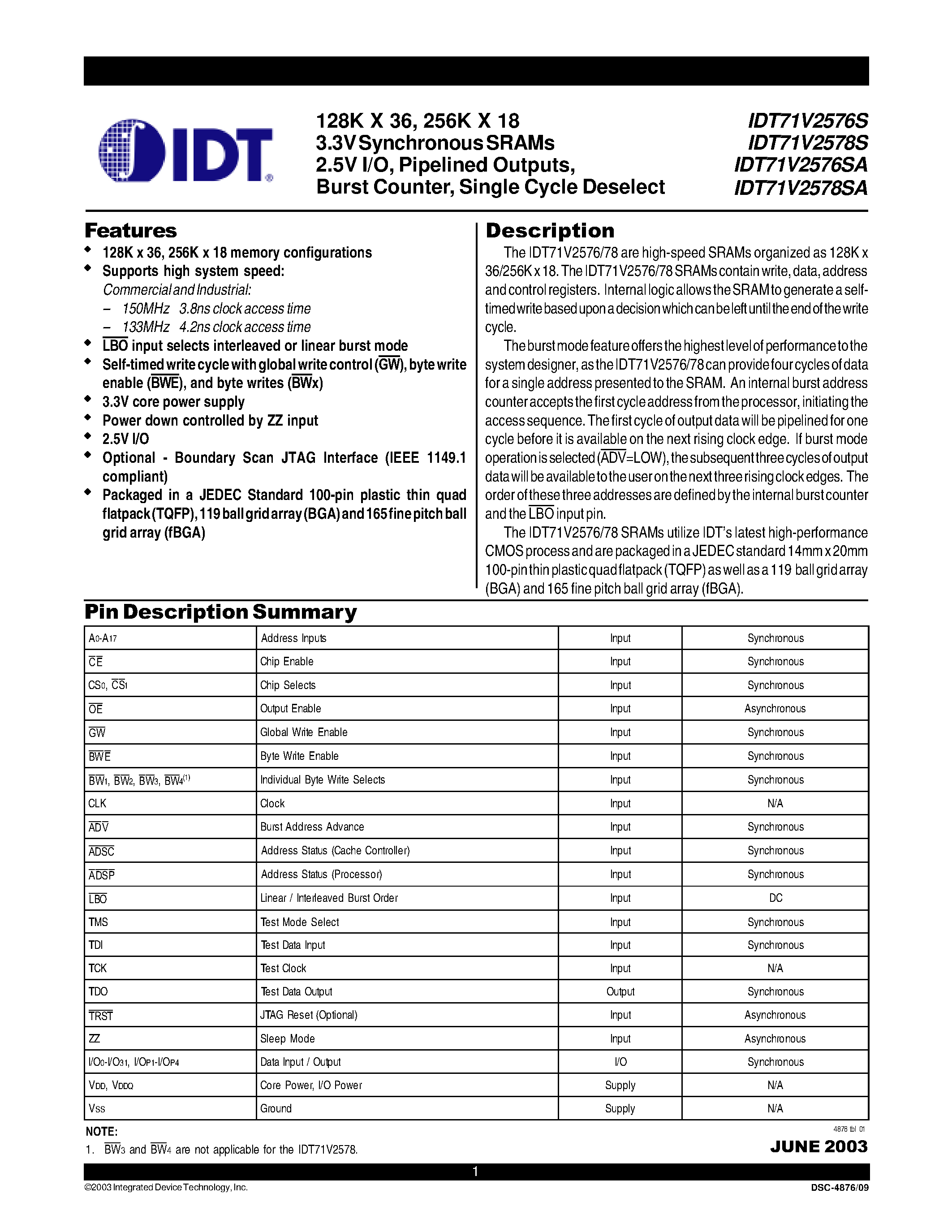 Datasheet IDT71V2576S150BQ - 128K X 36/ 256K X 18 3.3V Synchronous SRAMs 2.5V I/O/ Pipelined Outputs/ Burst Counter/ Single Cycle Deselect page 1