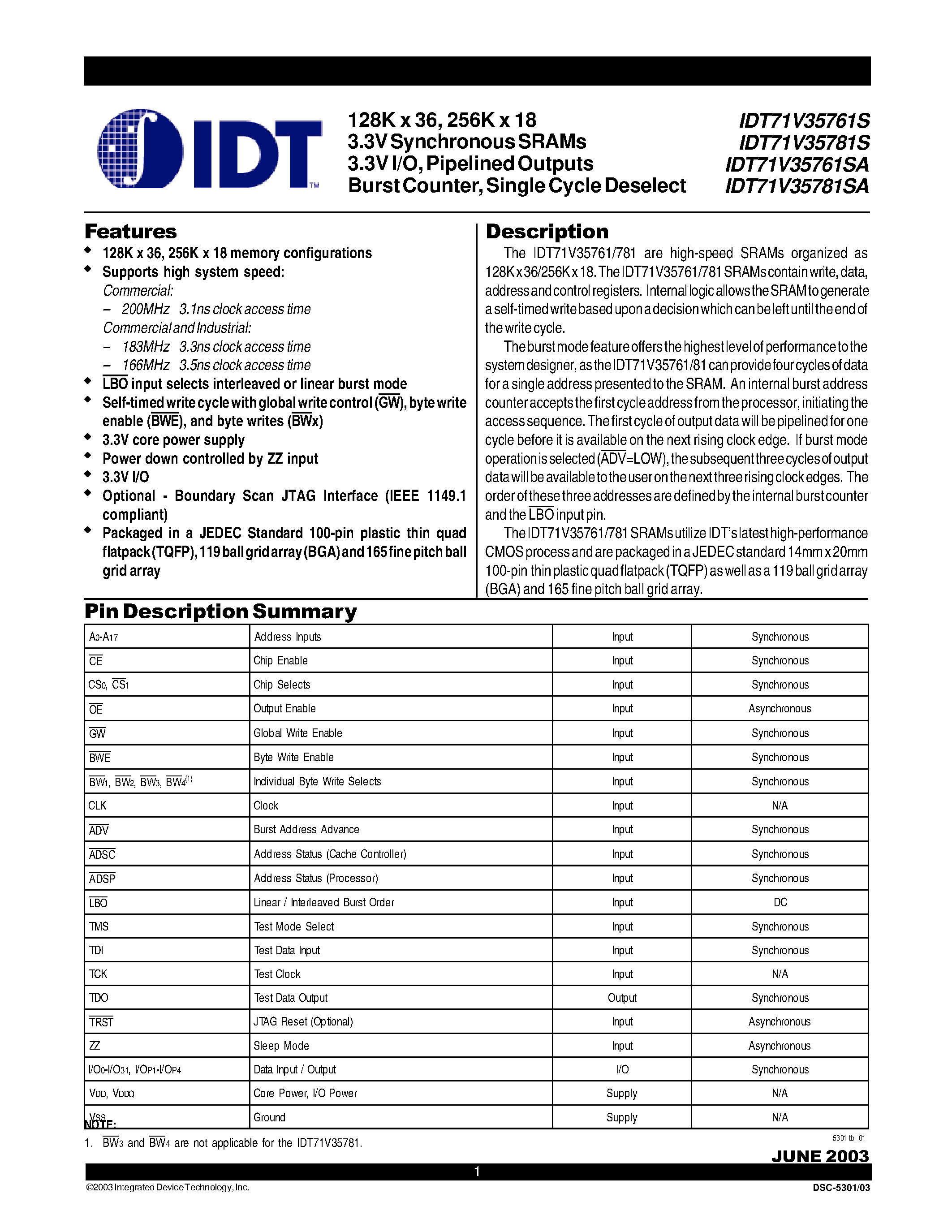 Datasheet IDT71V35761S183PFI - 128K x 36/ 256K x 18 3.3V Synchronous SRAMs 3.3V I/O/ Pipelined Outputs Burst Counter/ Single Cycle Deselect page 1