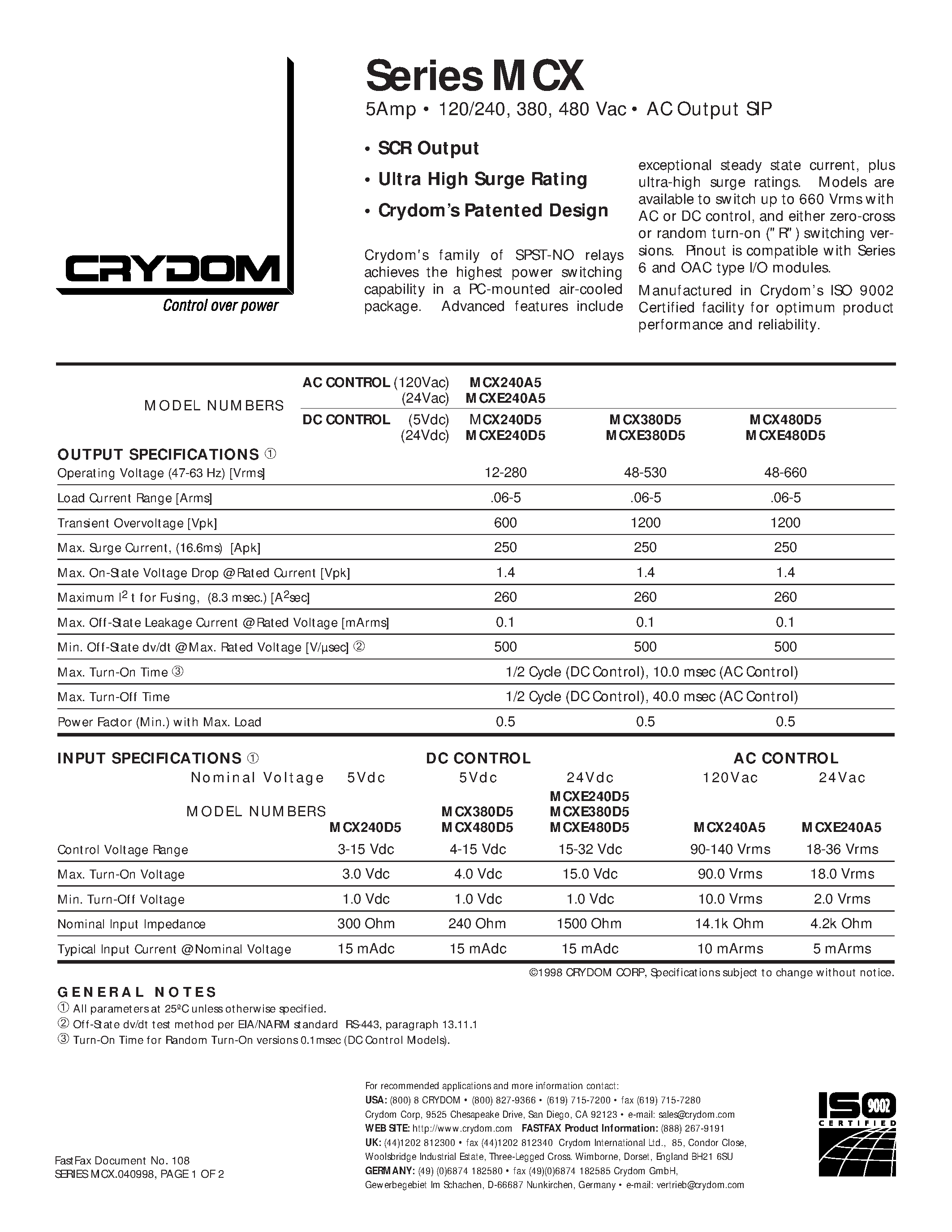 Даташит MCX380D - Relay - Solid-State Relay страница 1