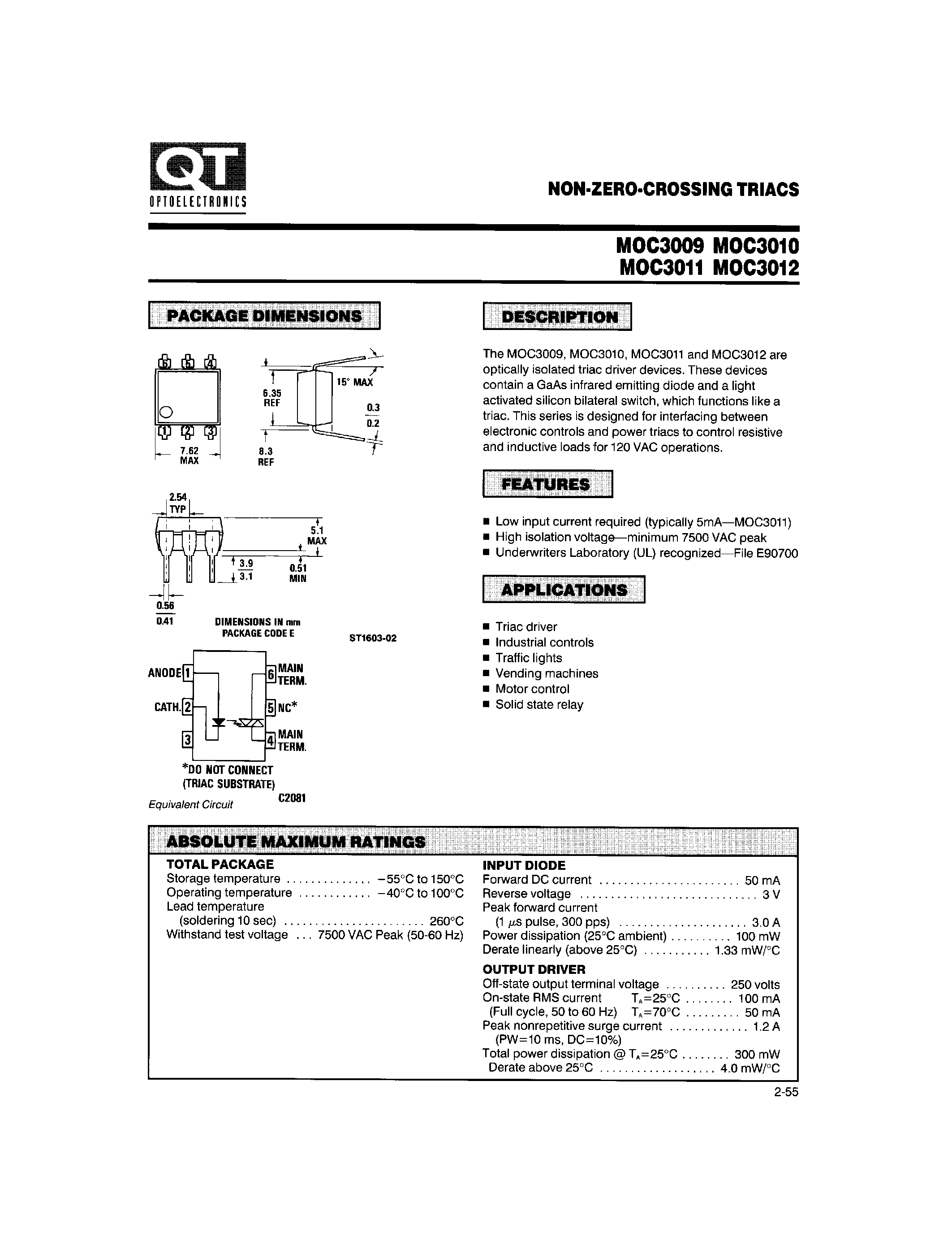 Datasheet MOC3011 - NON-ZERO-CROSSING TRIACS page 1