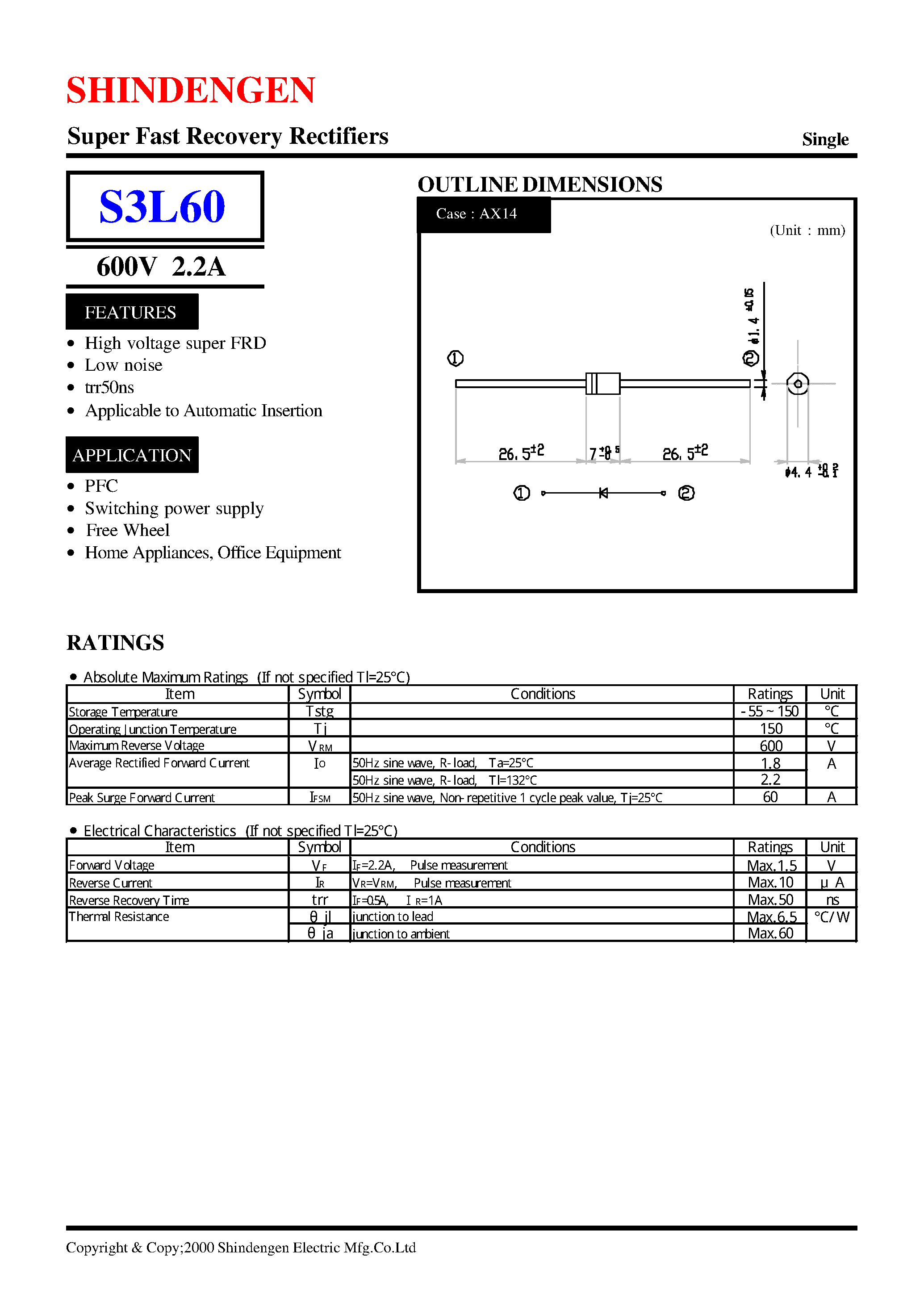 Даташит S3L60 - Super Fast Recovery Rectifiers(600V 2.2A) страница 1