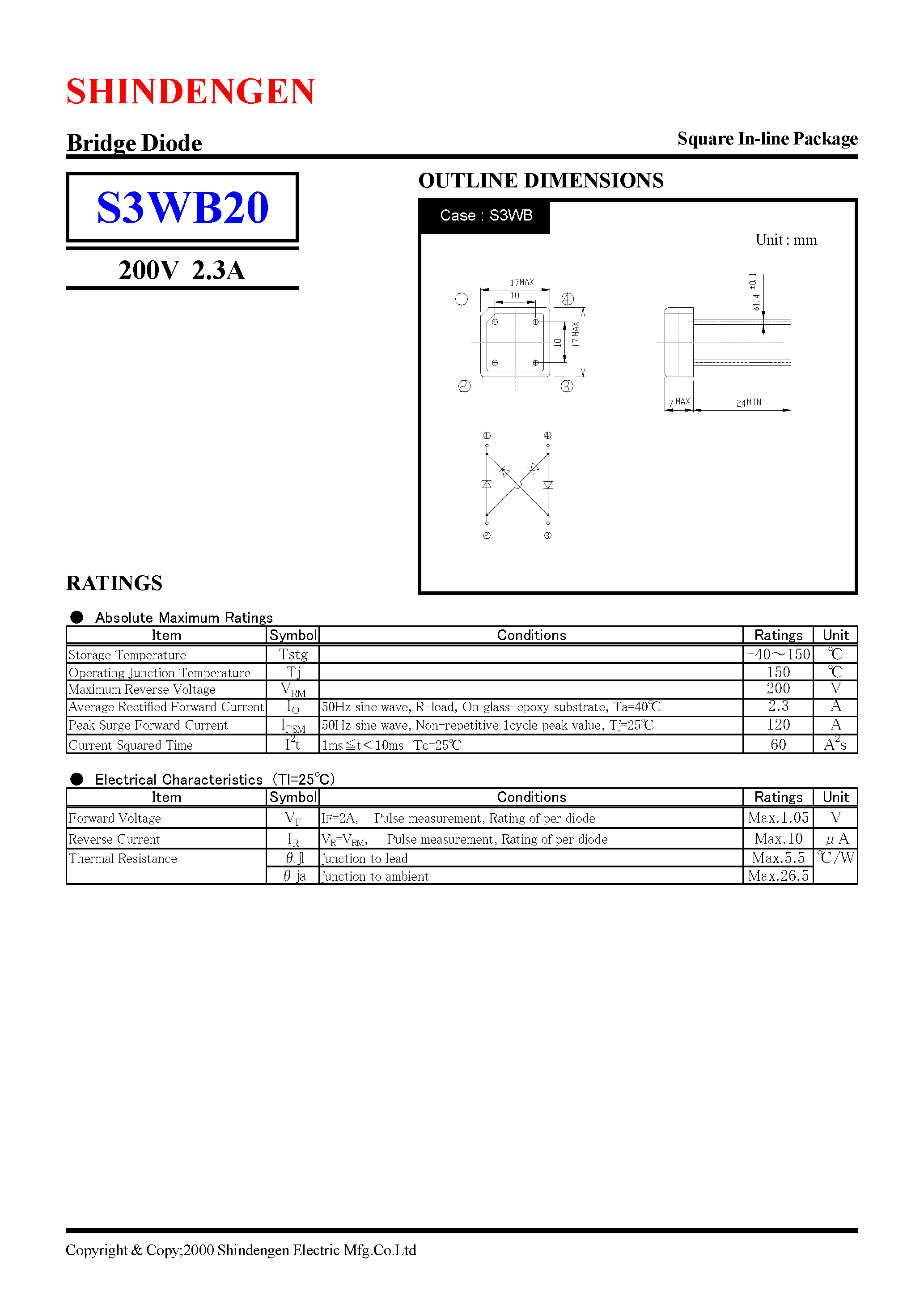 Даташит S3WB20 - Bridge Diode(200V 2.3A) страница 1