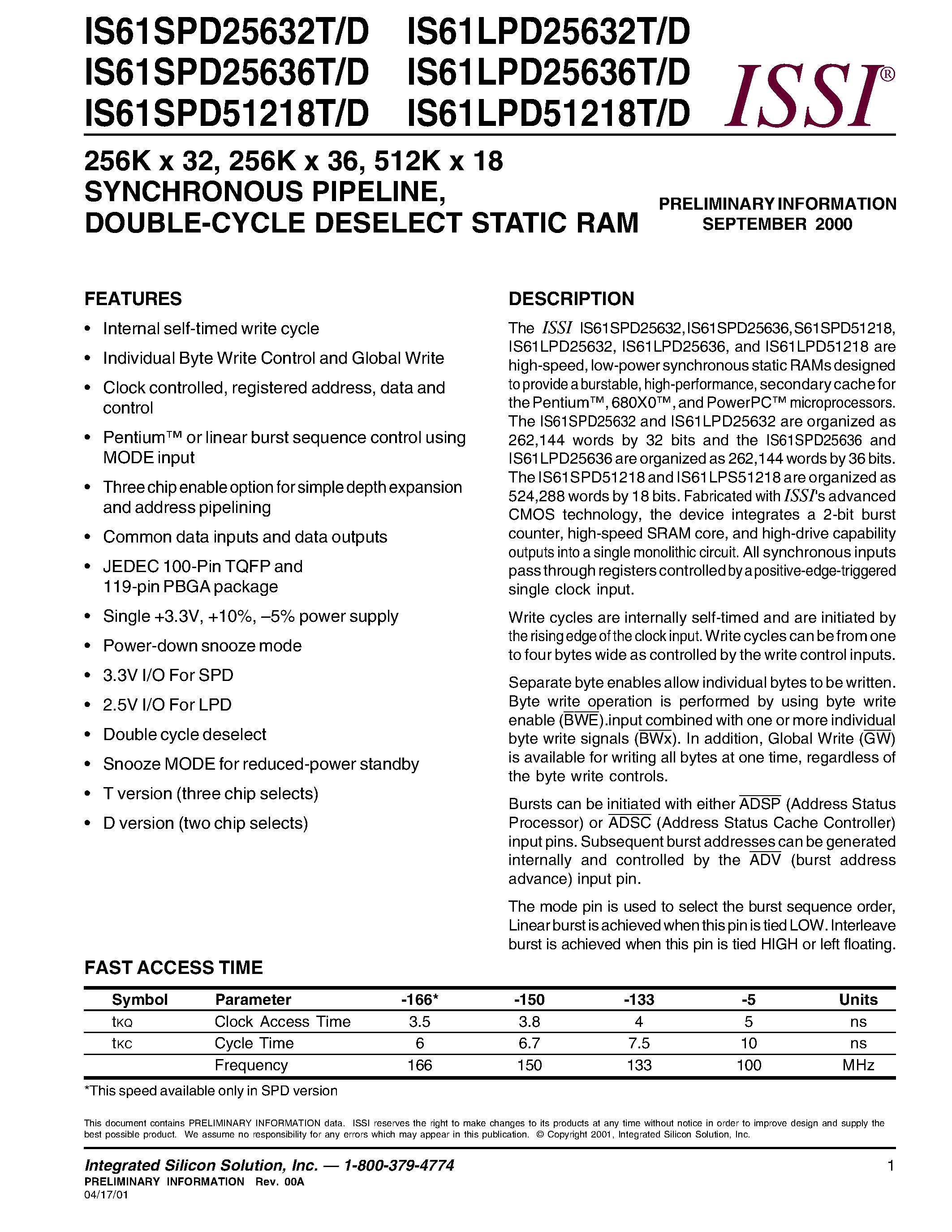 Datasheet IS61LPD25632T/D - 256K x 32/ 256K x 36/ 512K x 18 SYNCHRONOUS PIPELINE/ DOUBLE-CYCLE DESELECT STATIC RAM page 1