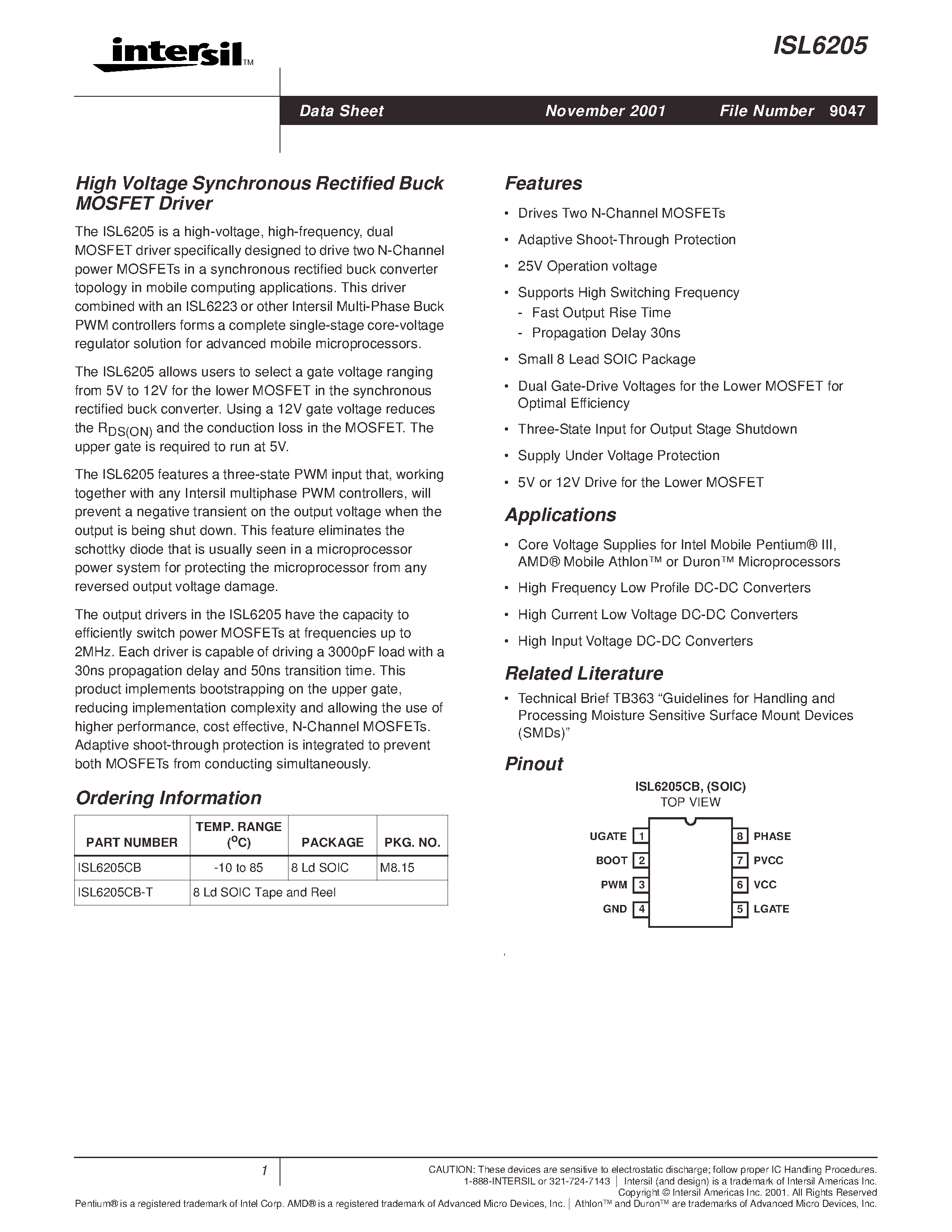 Datasheet ISL6205CB - High Voltage Synchronous Rectified Buck MOSFET Driver page 1