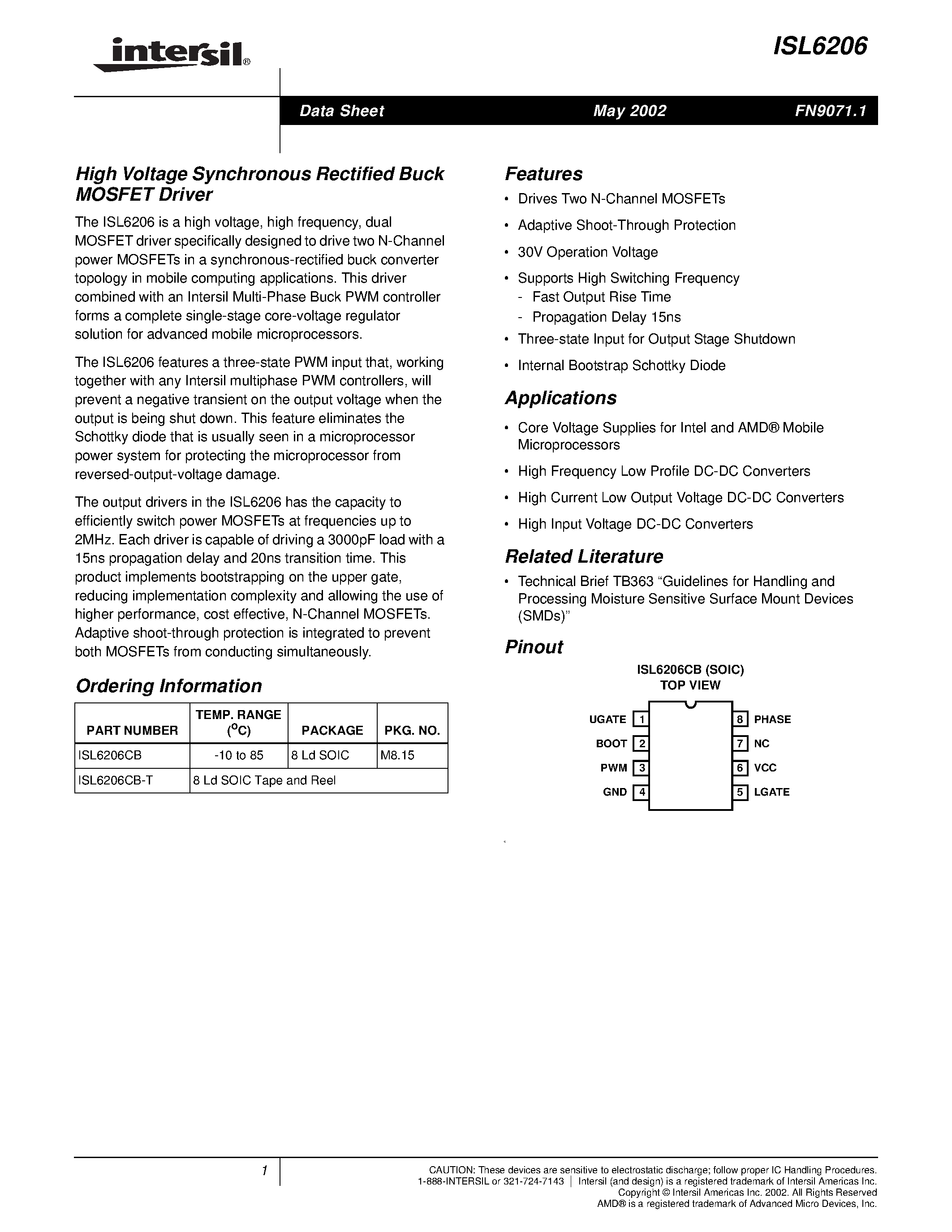 Datasheet ISL6206 - High Voltage Synchronous Rectified Buck MOSFET Driver page 1