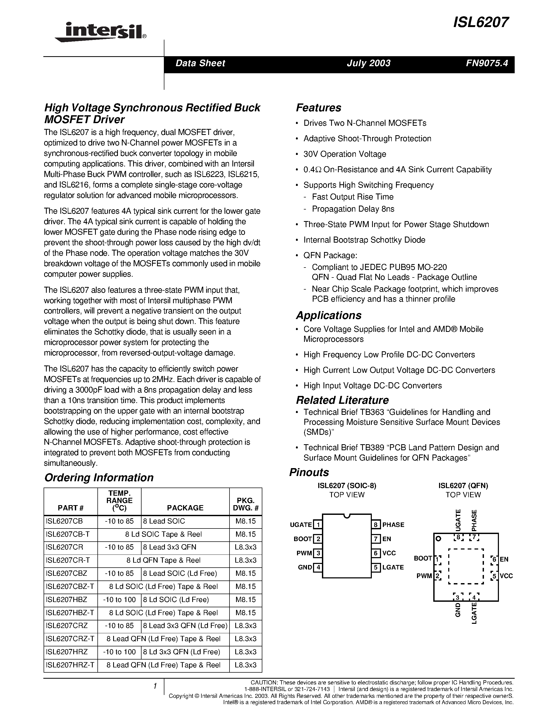 Datasheet ISL6207CB - High Voltage Synchronous Rectified Buck MOSFET Driver page 1