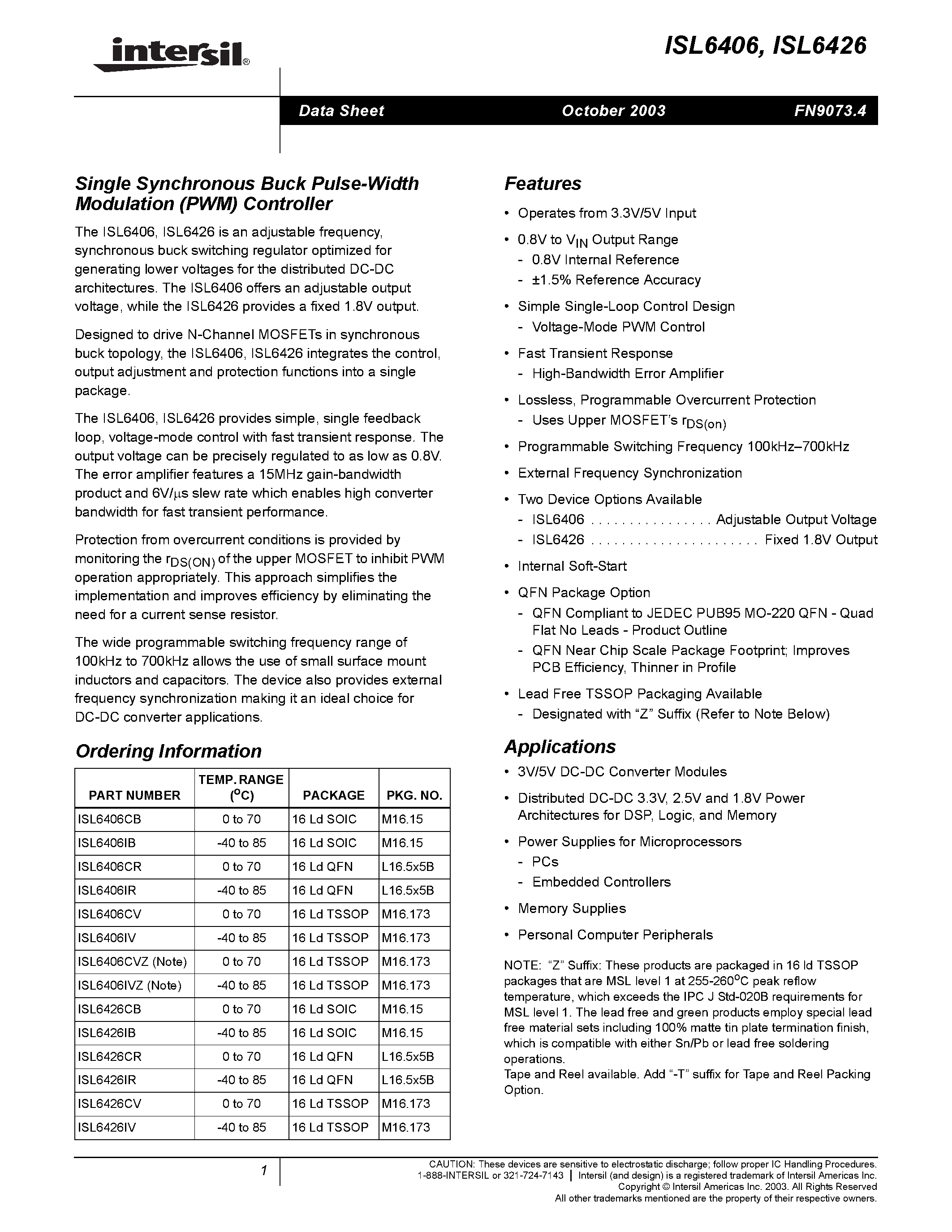 Datasheet ISL6426CB - Single Synchronous Buck Pulse-Width Modulation (PWM) Controller page 1