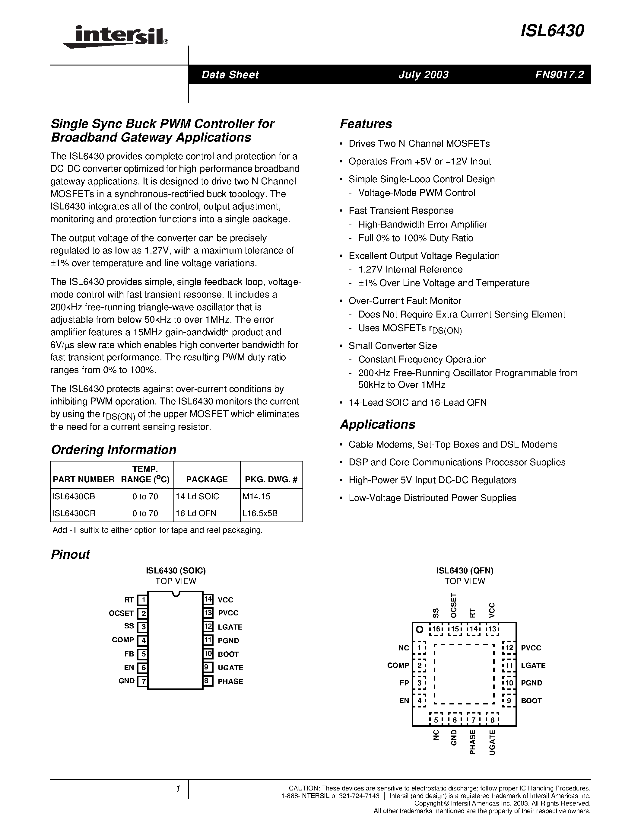 Datasheet ISL6430 - Single Sync Buck PWM Controller for Broadband Gateway Applications page 1