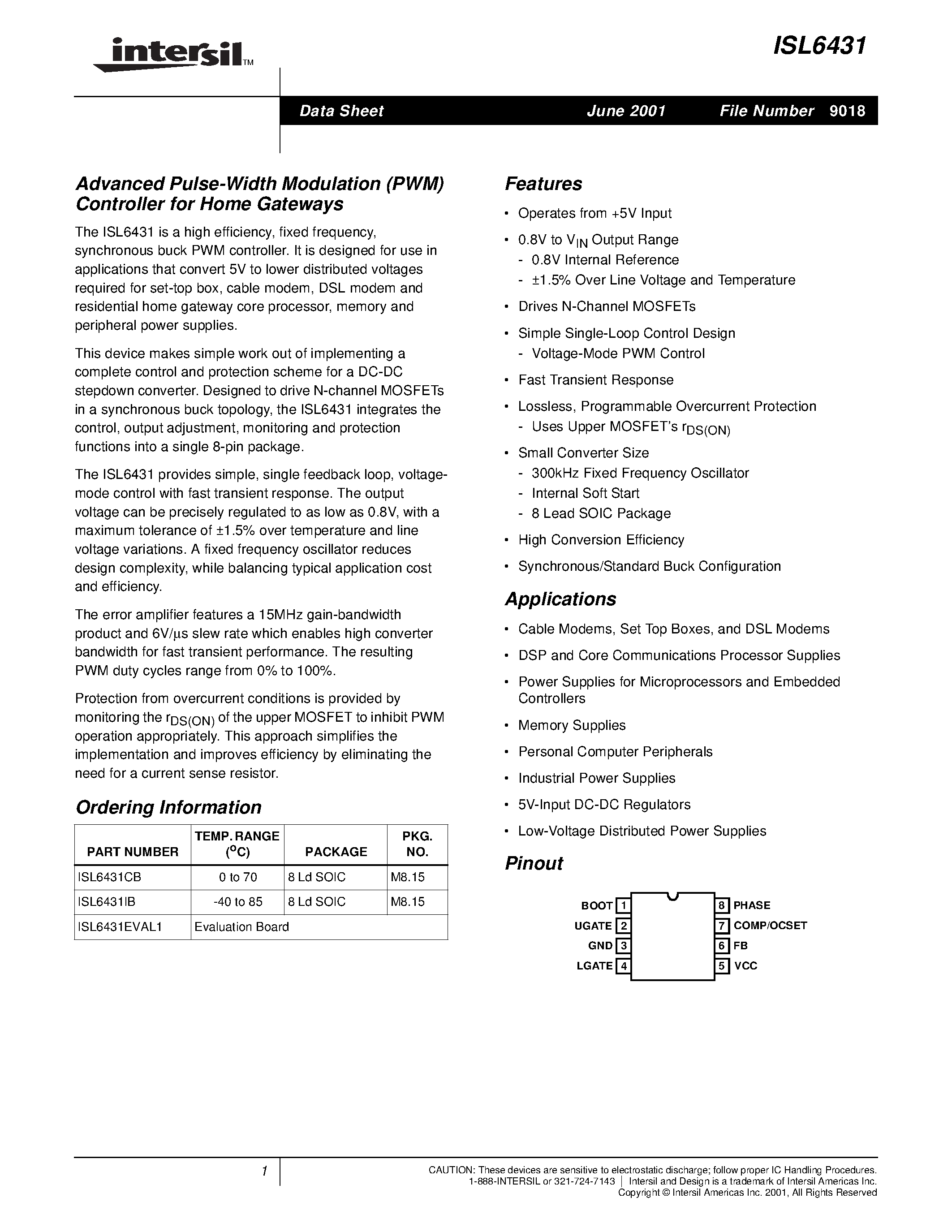 Datasheet ISL6431 - Advanced Pulse-Width Modulation (PWM) Controller for Home Gateways page 1