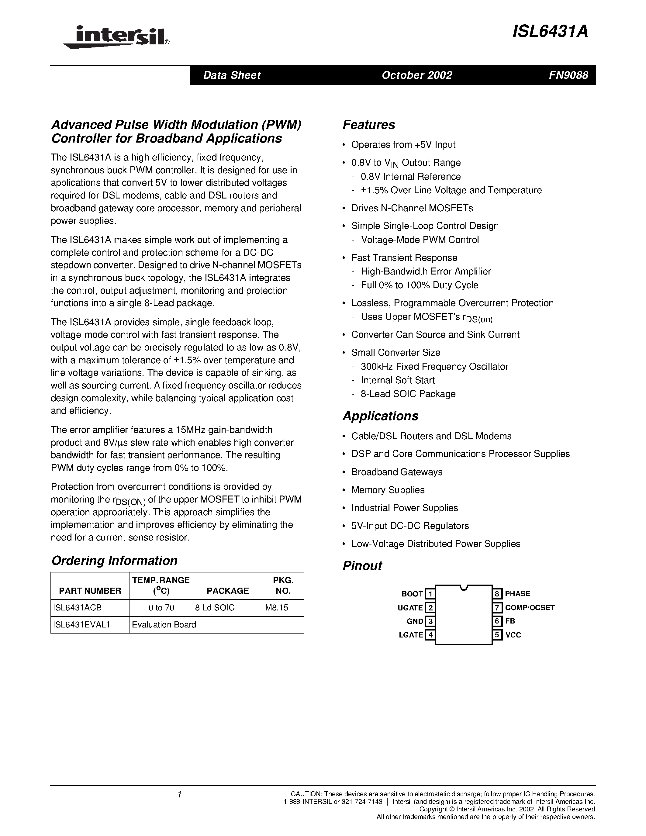 Datasheet ISL6431A - Advanced Pulse Width Modulation (PWM) Controller for Broadband Applications page 1