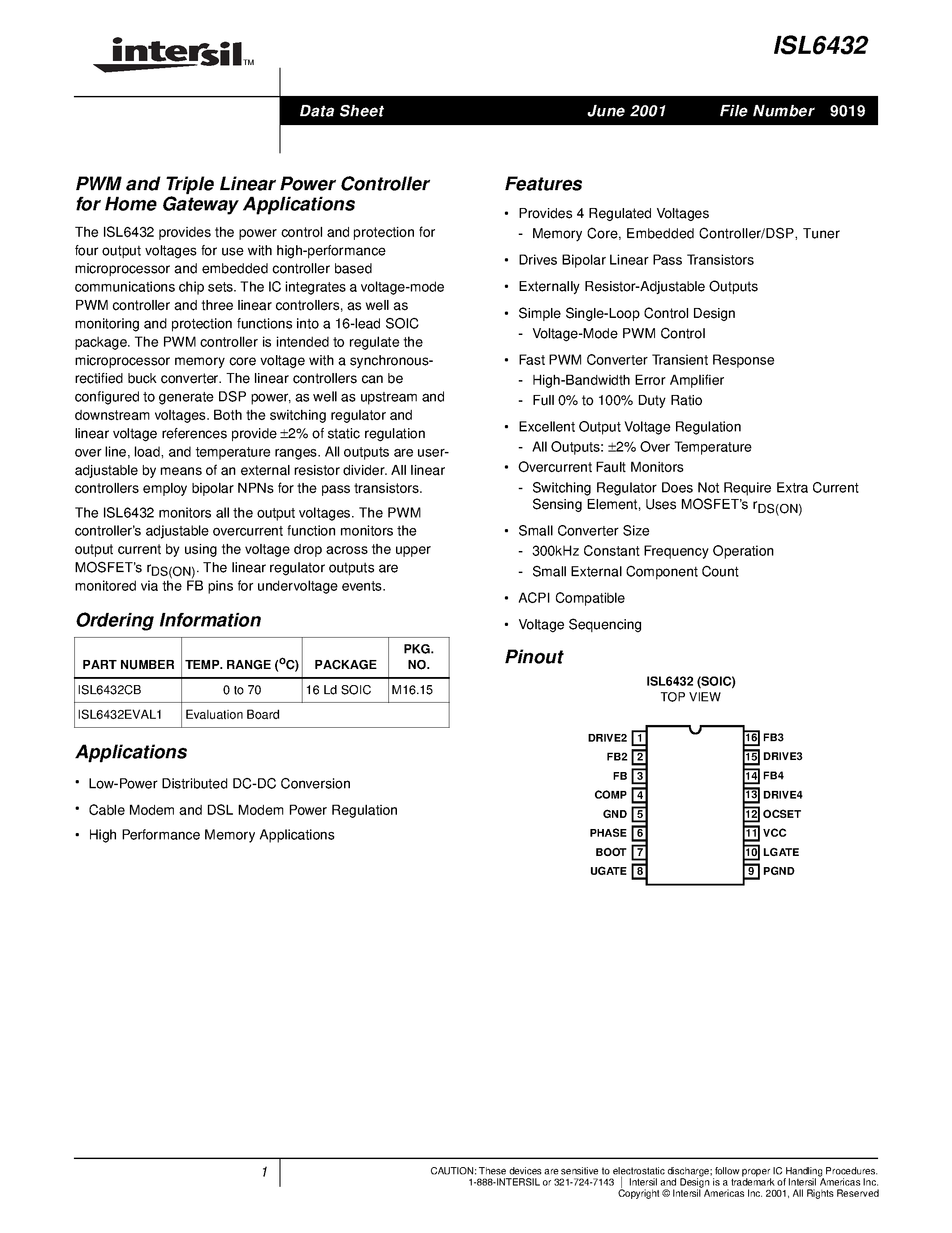 Datasheet ISL6432 - PWM and Triple Linear Power Controller for Home Gateway Applications page 1