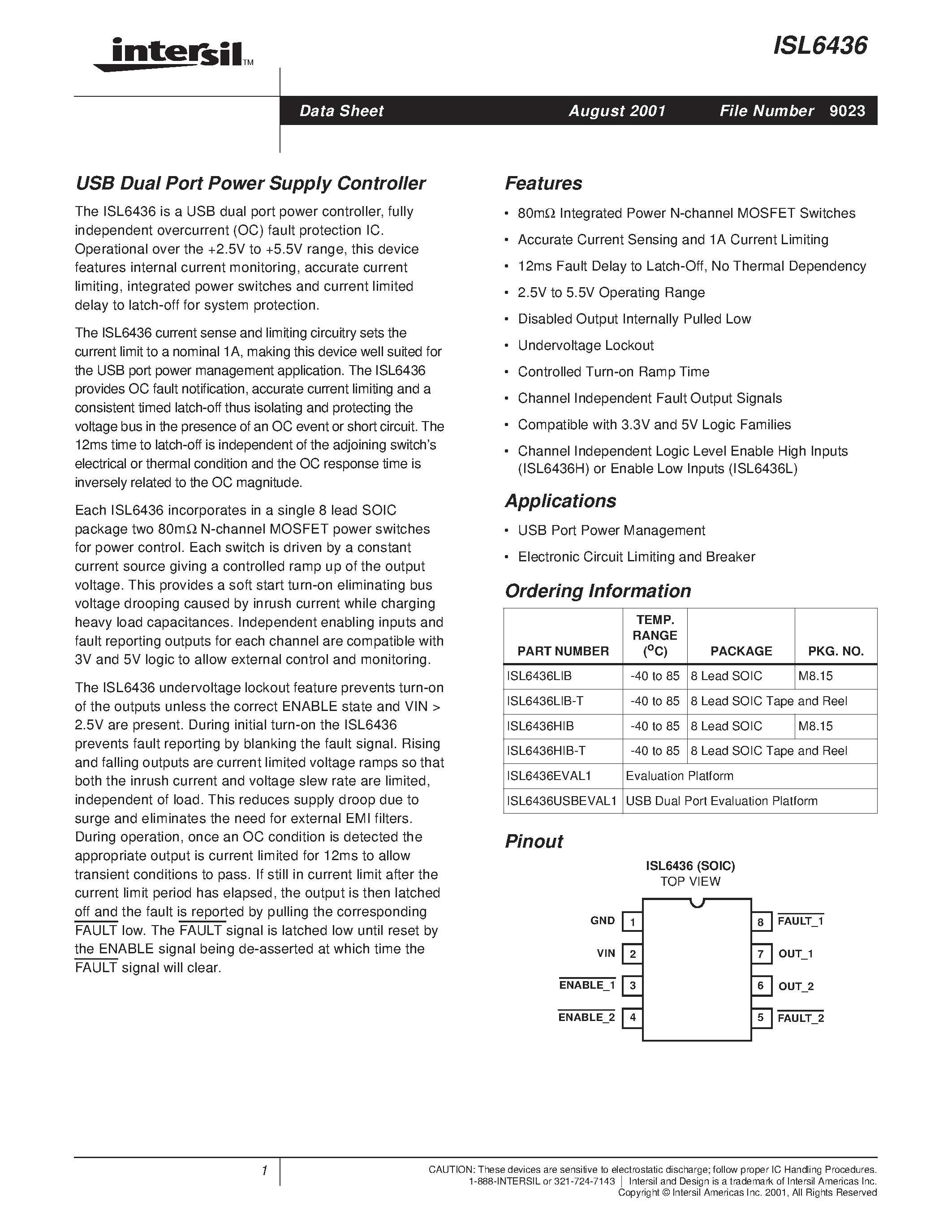 Datasheet ISL6436 - USB Dual Port Power Supply Controller page 1