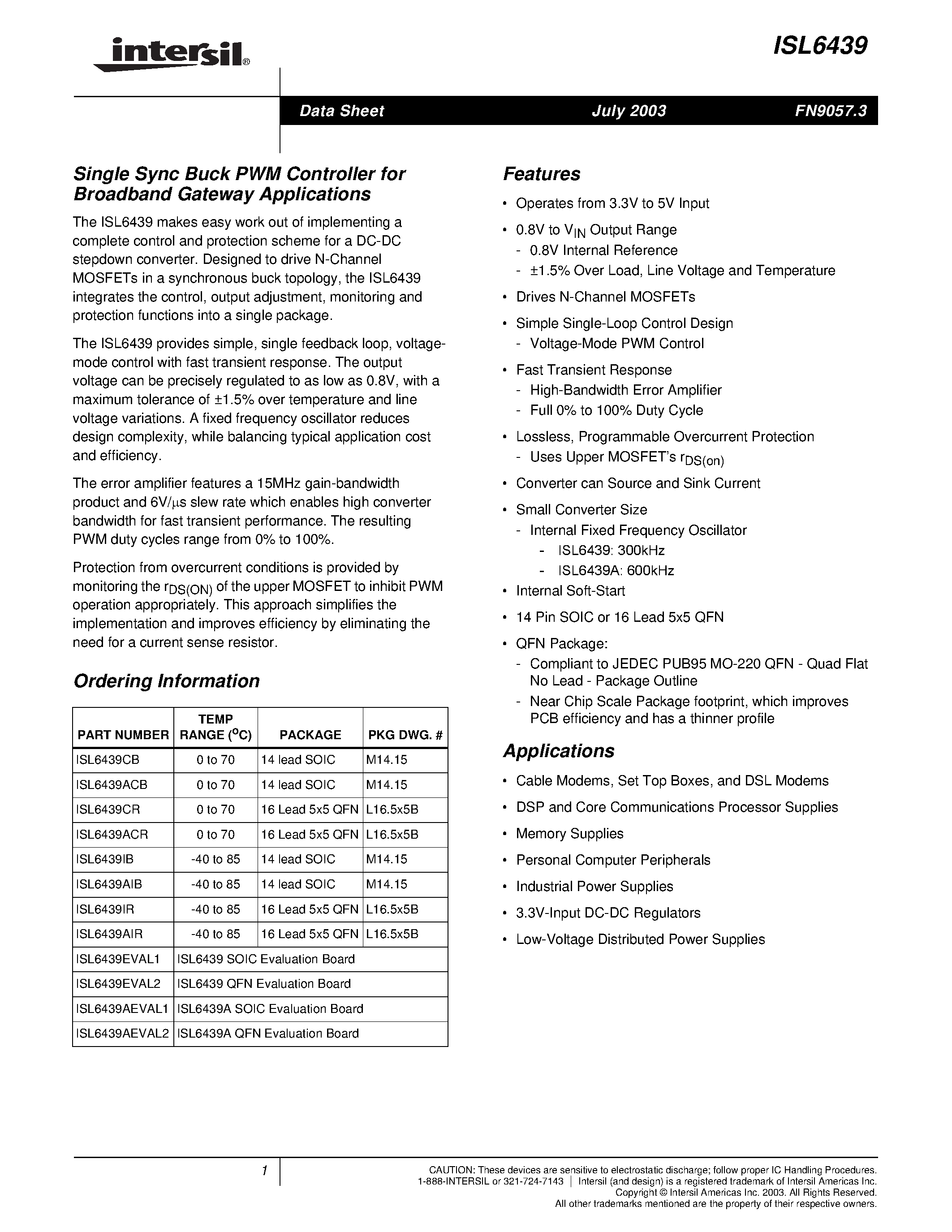 Datasheet ISL6439 - Single Sync Buck PWM Controller for Broadband Gateway Applications page 1