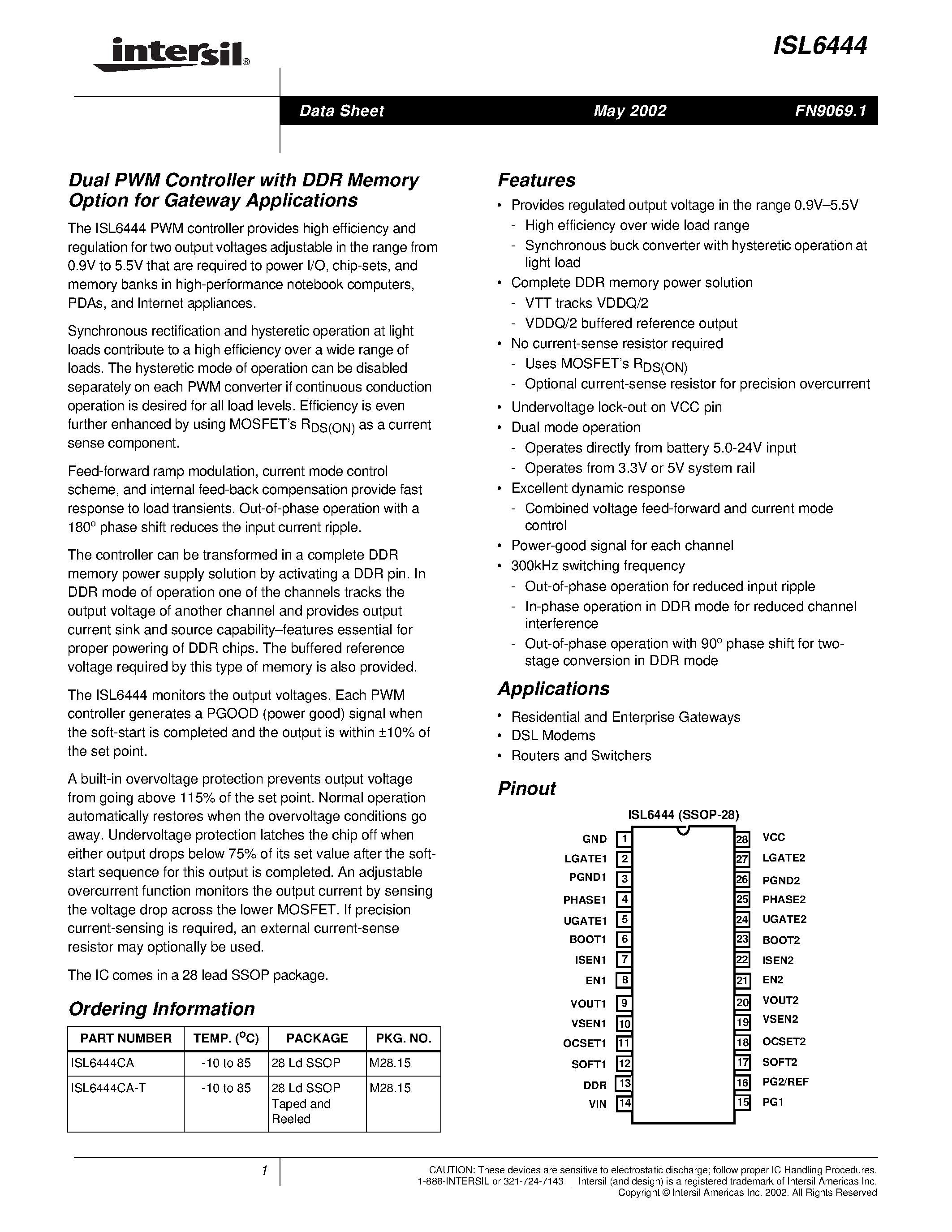 Datasheet ISL6444 - Dual PWM Controller with DDR Memory Option for Gateway Applications page 1