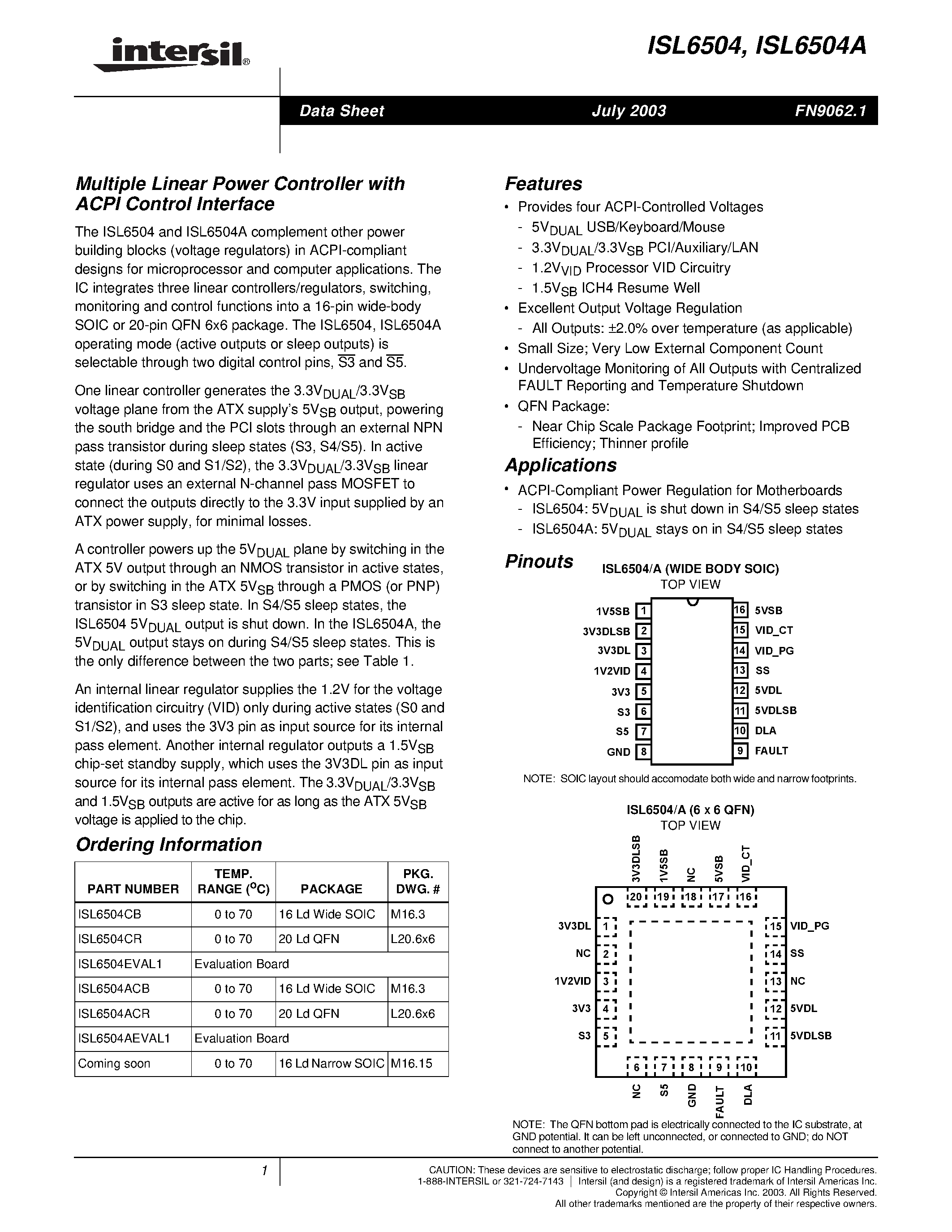 Datasheet ISL6504 - Multiple Linear Power Controller with ACPI Control Interface page 1