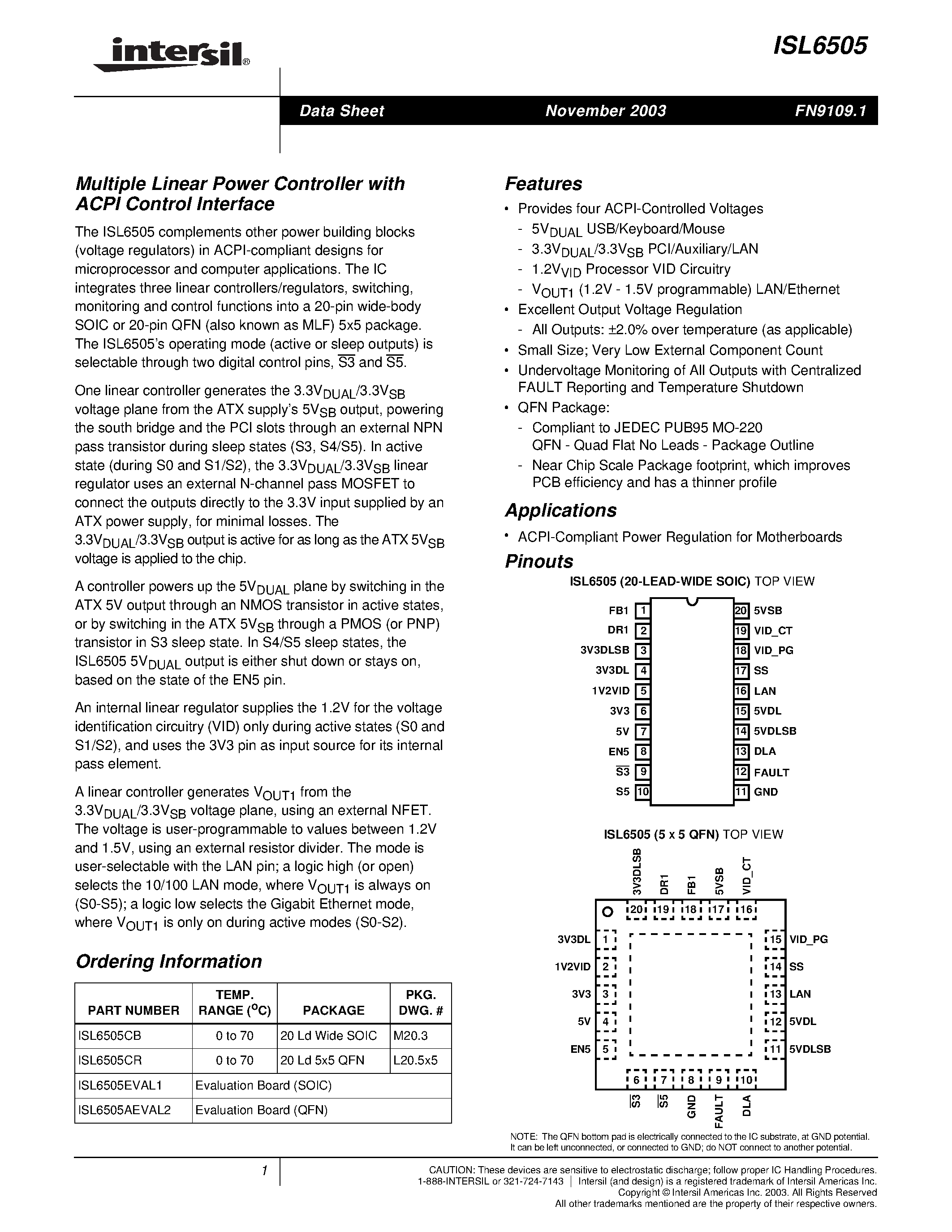 Datasheet ISL6505 - Multiple Linear Power Controller with ACPI Control Interface page 1