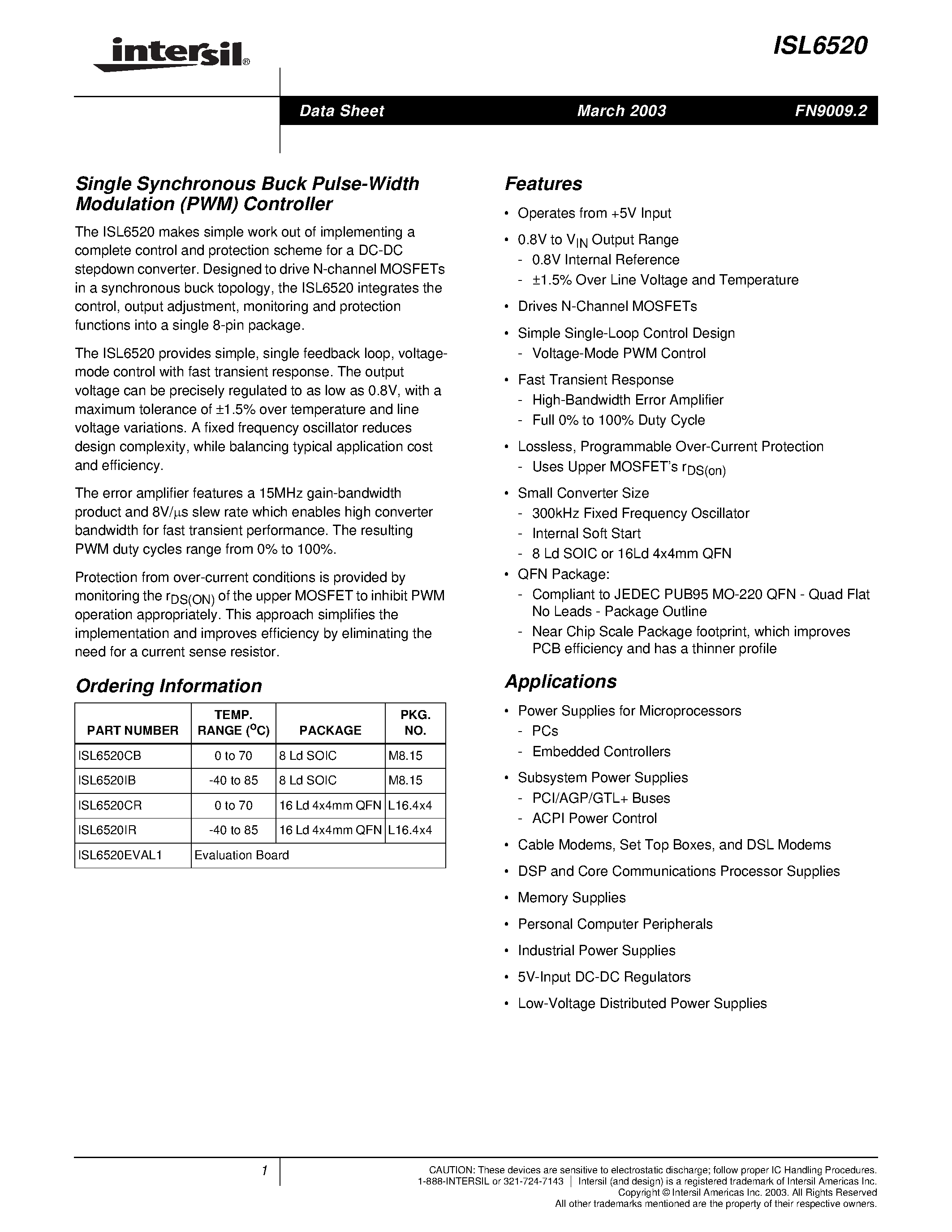 Datasheet ISL6520 - Single Synchronous Buck Pulse-Width Modulation (PWM) Controller page 1