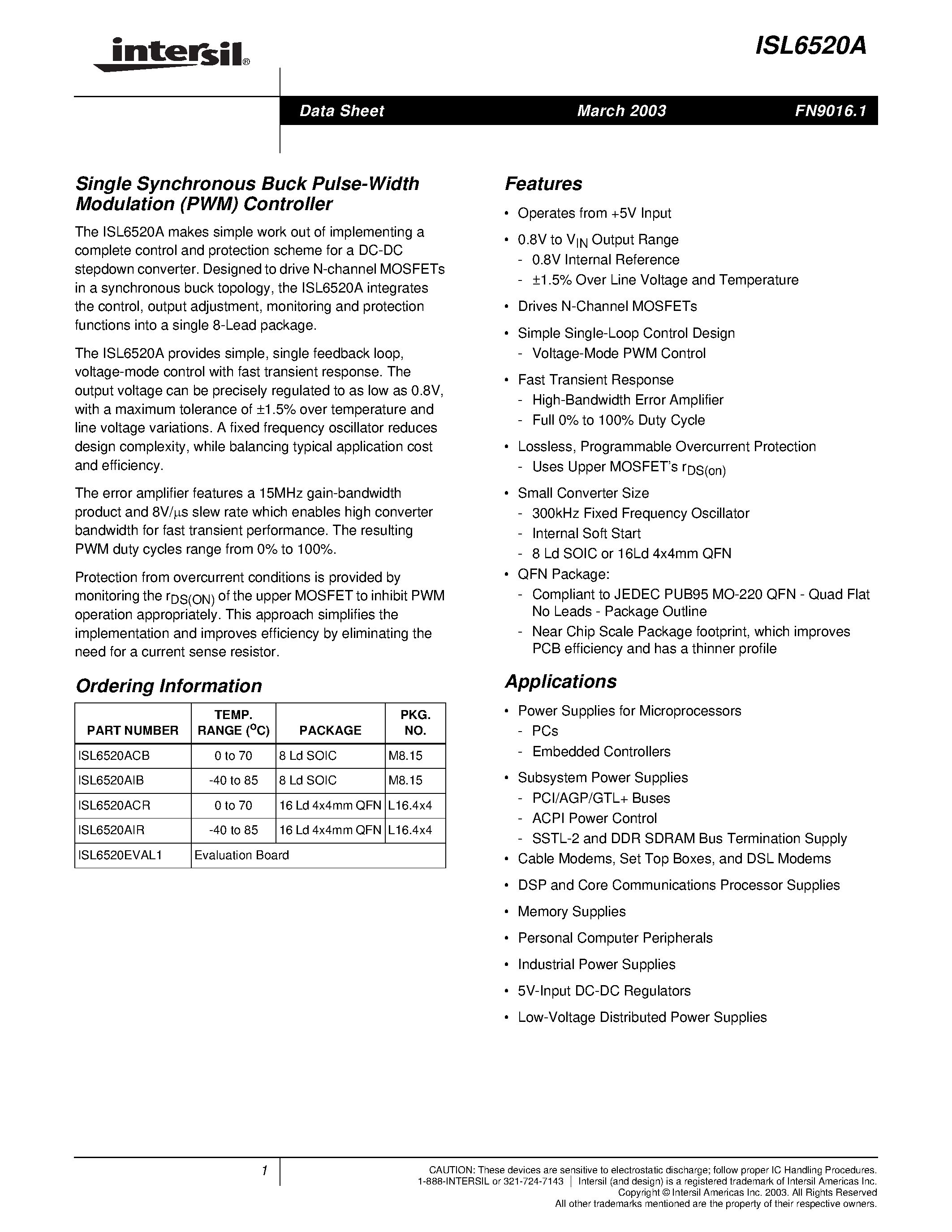 Datasheet ISL6520A - Single Synchronous Buck Pulse-Width Modulation (PWM) Controller page 1