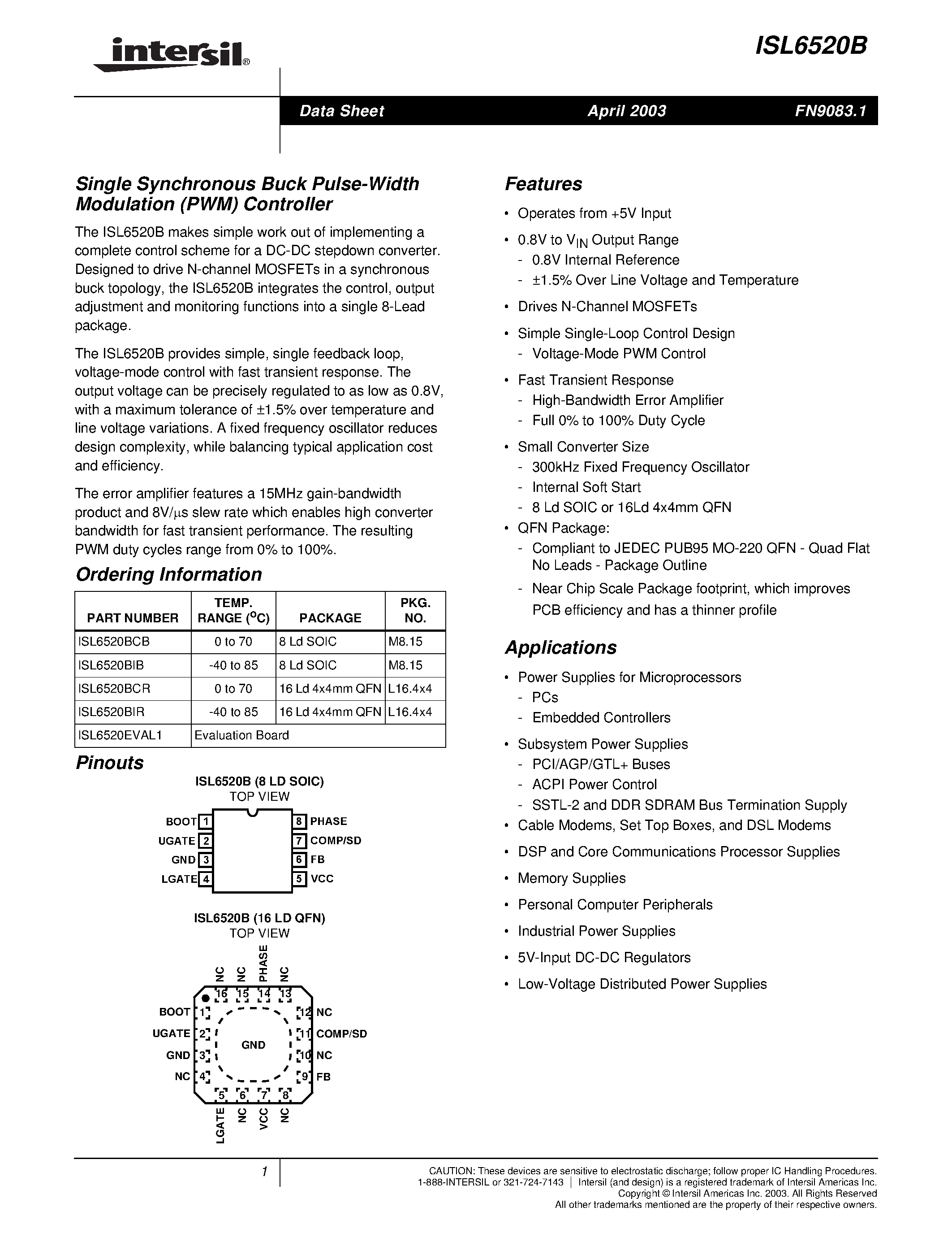 Datasheet ISL6520B - Single Synchronous Buck Pulse-Width Modulation (PWM) Controller page 1