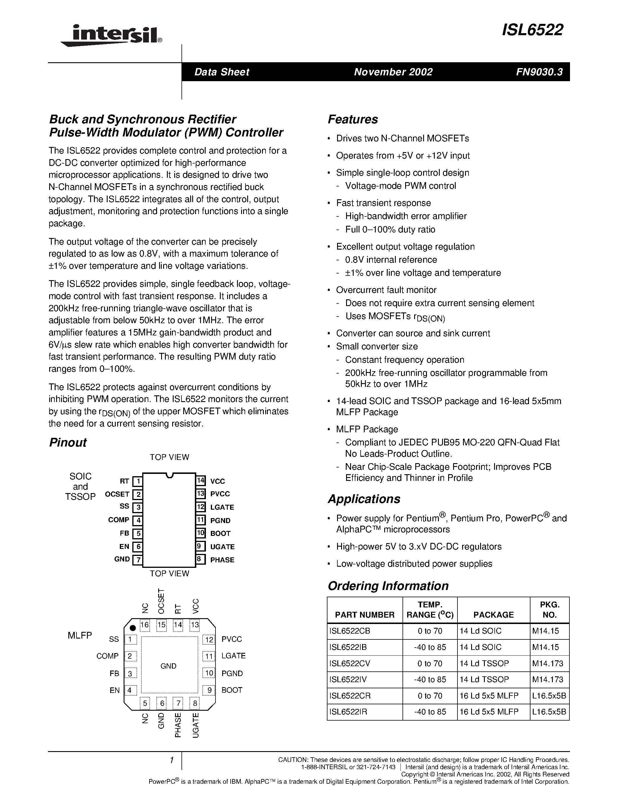 Datasheet ISL6522 - Buck and Synchronous Rectifier Pulse-Width Modulator (PWM) Controller page 1