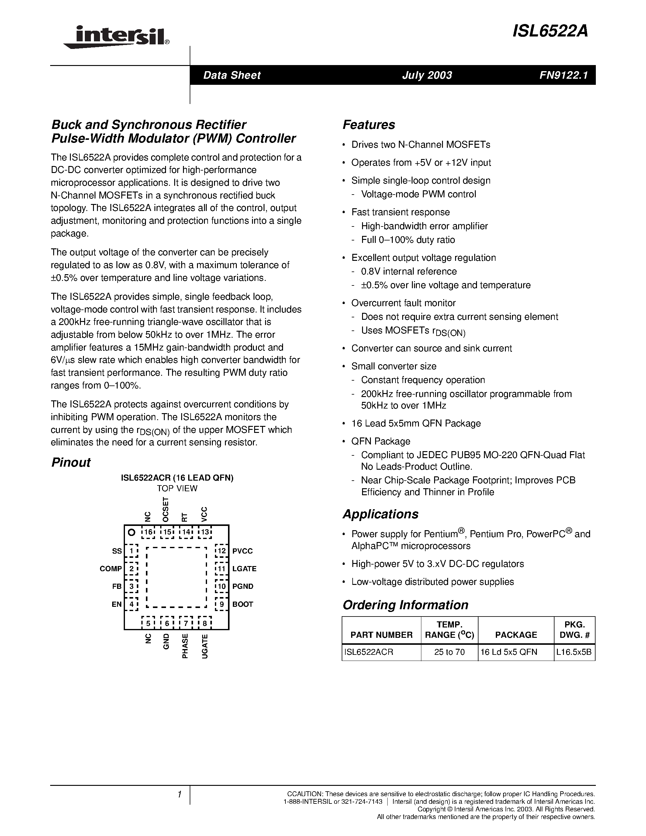 Datasheet ISL6522A - Buck and Synchronous Rectifier Pulse-Width Modulator (PWM) Controller page 1