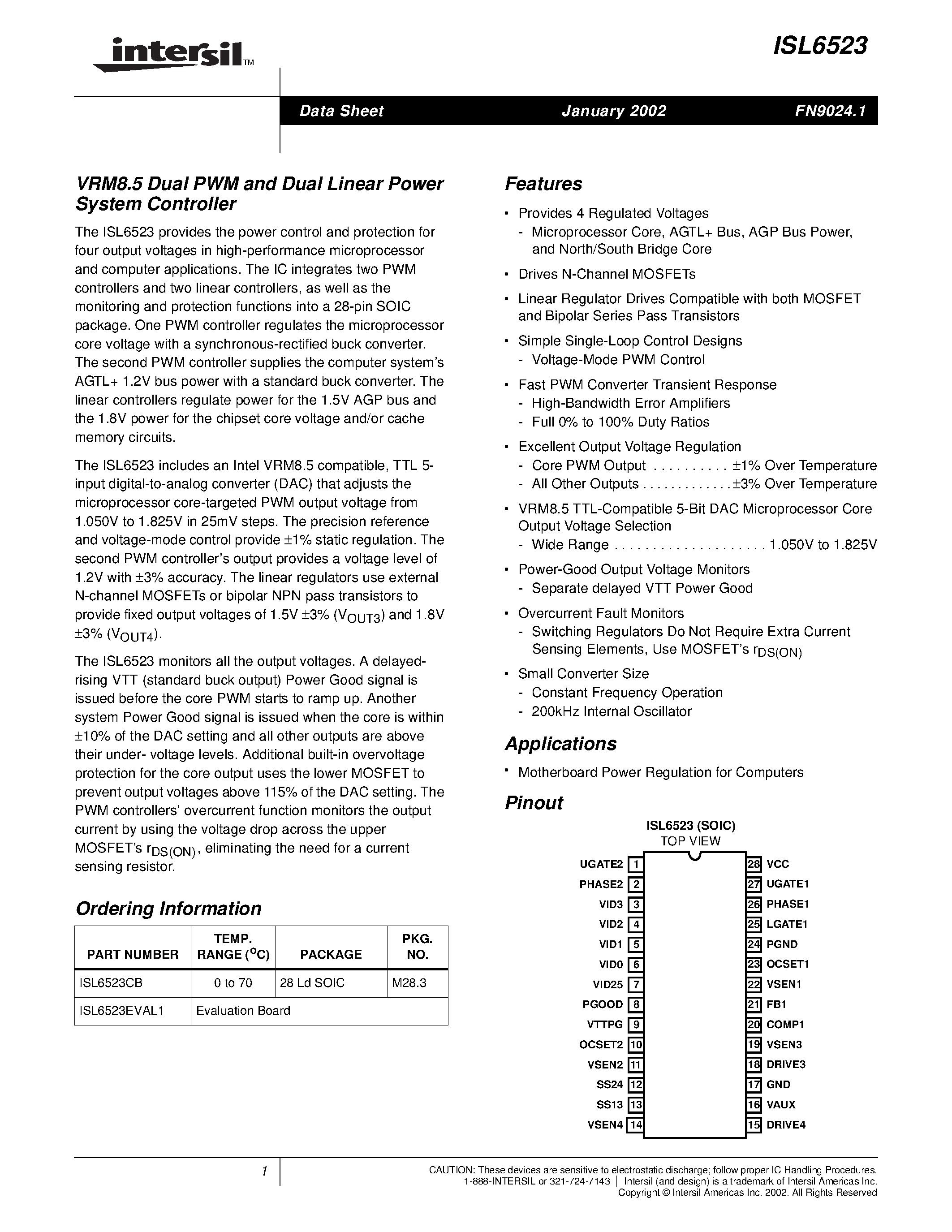 Datasheet ISL6523 - VRM8.5 Dual PWM and Dual Linear Power System Controller page 1